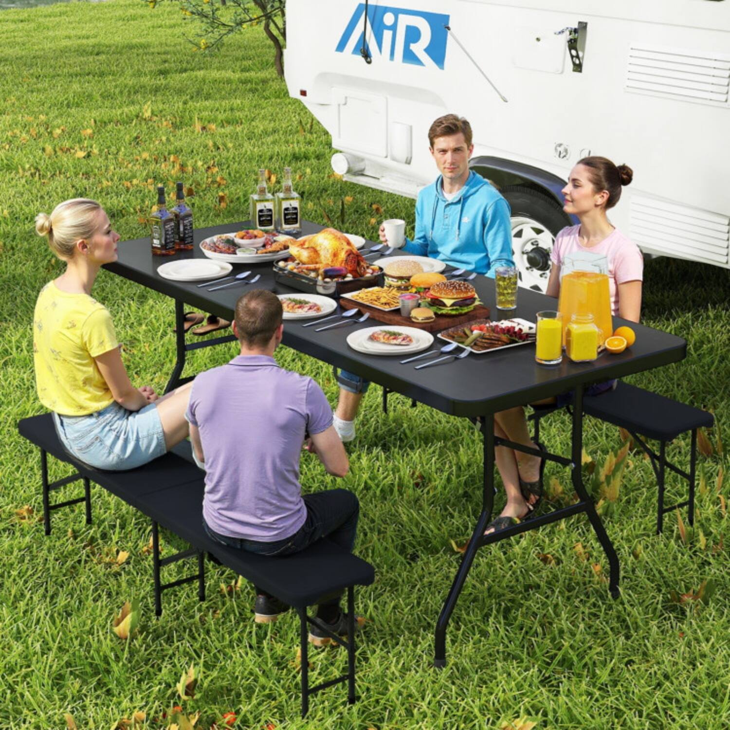 Front. Mondawe - 71" Portable Folding Camping Table w Carrying Handle HDPE Top Steel Frame 330 lbs for Picnic - Black.