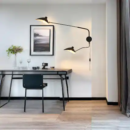 Front. RYHNUYNE - Modern Swing Arm Wall Sconce 2-Light Adjustable Plug in Wall Lamp with On/Off Switch Dimmable Sconces - Black.