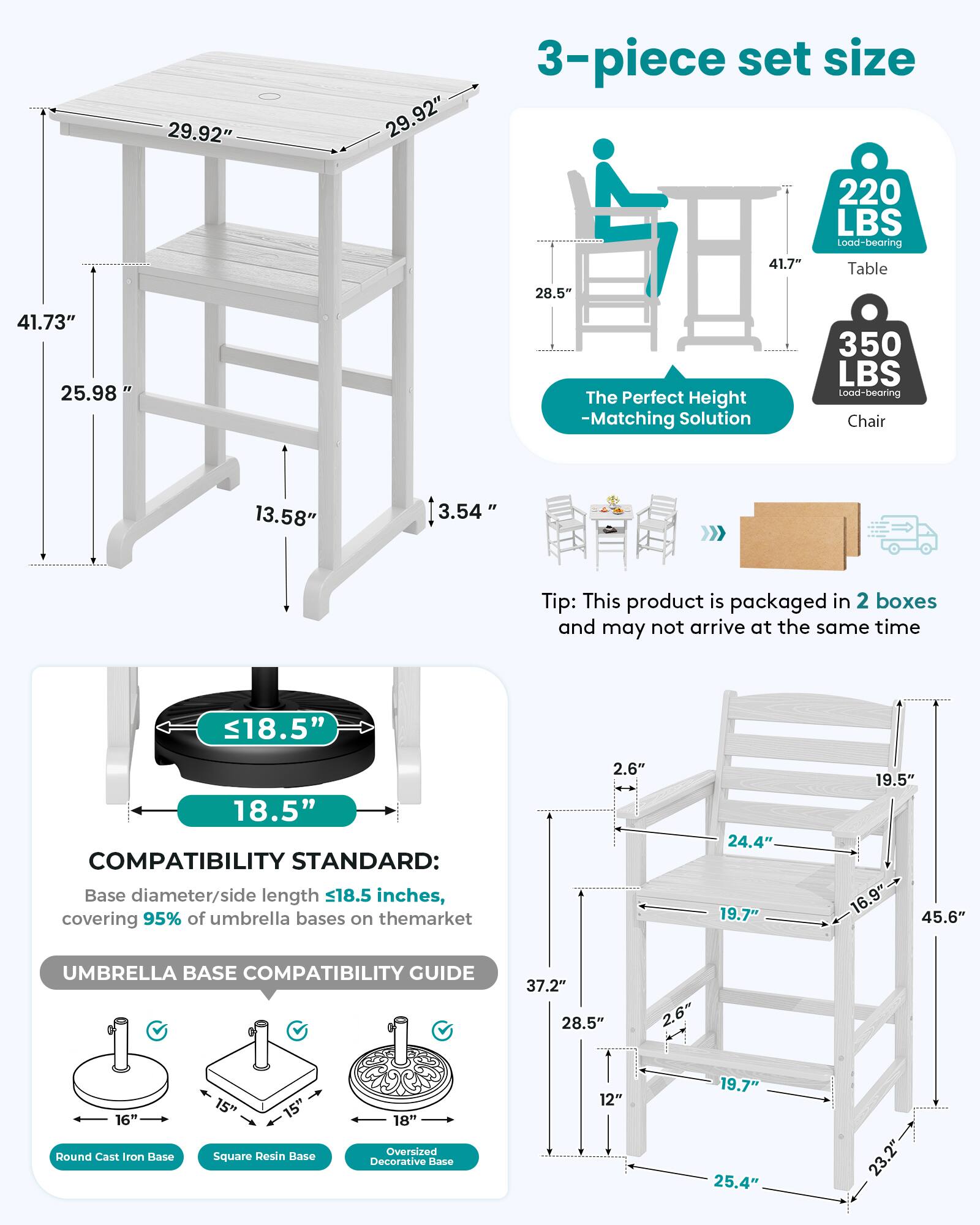 29.92"  
29.92"  
3-piece set size 220 LBS Load-bearing 41.7" Table  
28.5"  
41.73" 25.98"  
The Perfect Height -Matching Solution  
350 LBS Load-bearing Chair  
13.58"  
3.54"  
Tip: This product is packaged in 2 boxes and may not arrive at the same time  
18.5"  
18.5" COMPATIBILITY STANDARD: Base diameter/side length 18.5 inches, covering 95% of umbrella bases on the market  
2.6"  
24.4" 19.7"  
19.5" 16.9" 45.6"  
UMBRELLA BASE COMPATIBILITY GUIDE  
37.2" 28.5"  
2.6"  
16" Round Cast Iron Base  
15" Square Resin Base  
18" Oversized Decorative Base  
12"  
19.7" 25.4"  
23.2"