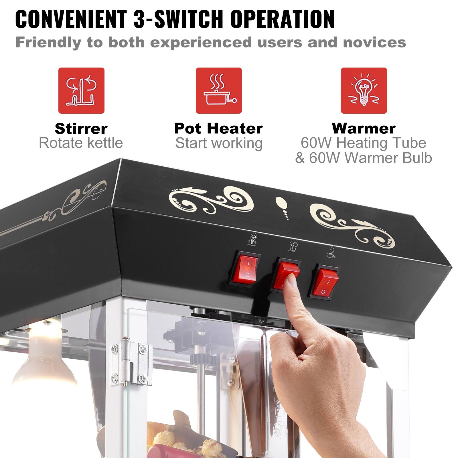 CONVENIENT 3-SWITCH OPERATION  
Friendly to both experienced users and novices  

Stirrer  
Rotate kettle  

Pot Heater  
Start working  

Warmer  
60W Heating Tube & 60W Warmer Bulb