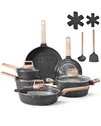 Front. VEVOR - 17 Piece Pots and Pans Set Nonstick, Granite Cookware Set, Induction Cookwares, Kitchen RV Cooking Sets with Frying - Black.