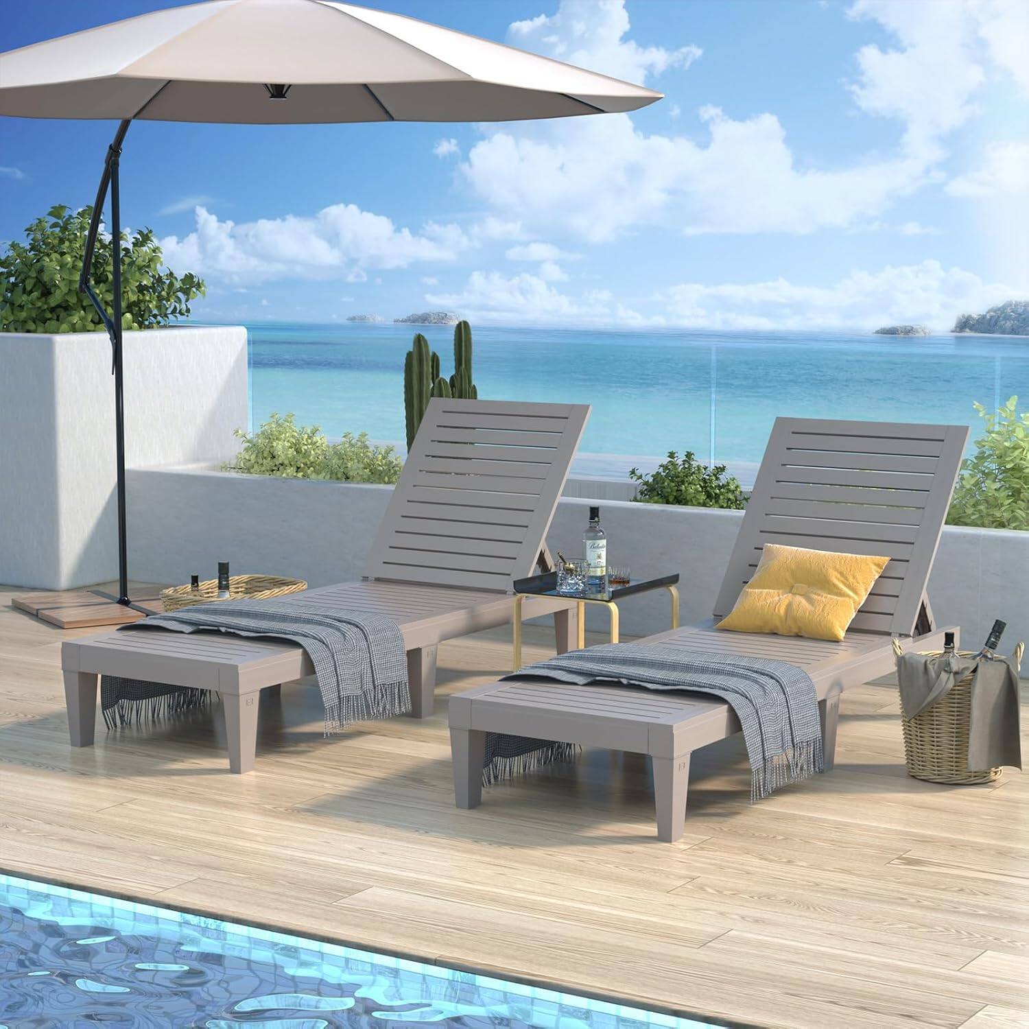Angle. Aheaplus - Outdoor Lounge Chair Set of 2, Adjustable Reclining Outdoor Chaise Lounge Chair for Poolside Patio - Taupe.