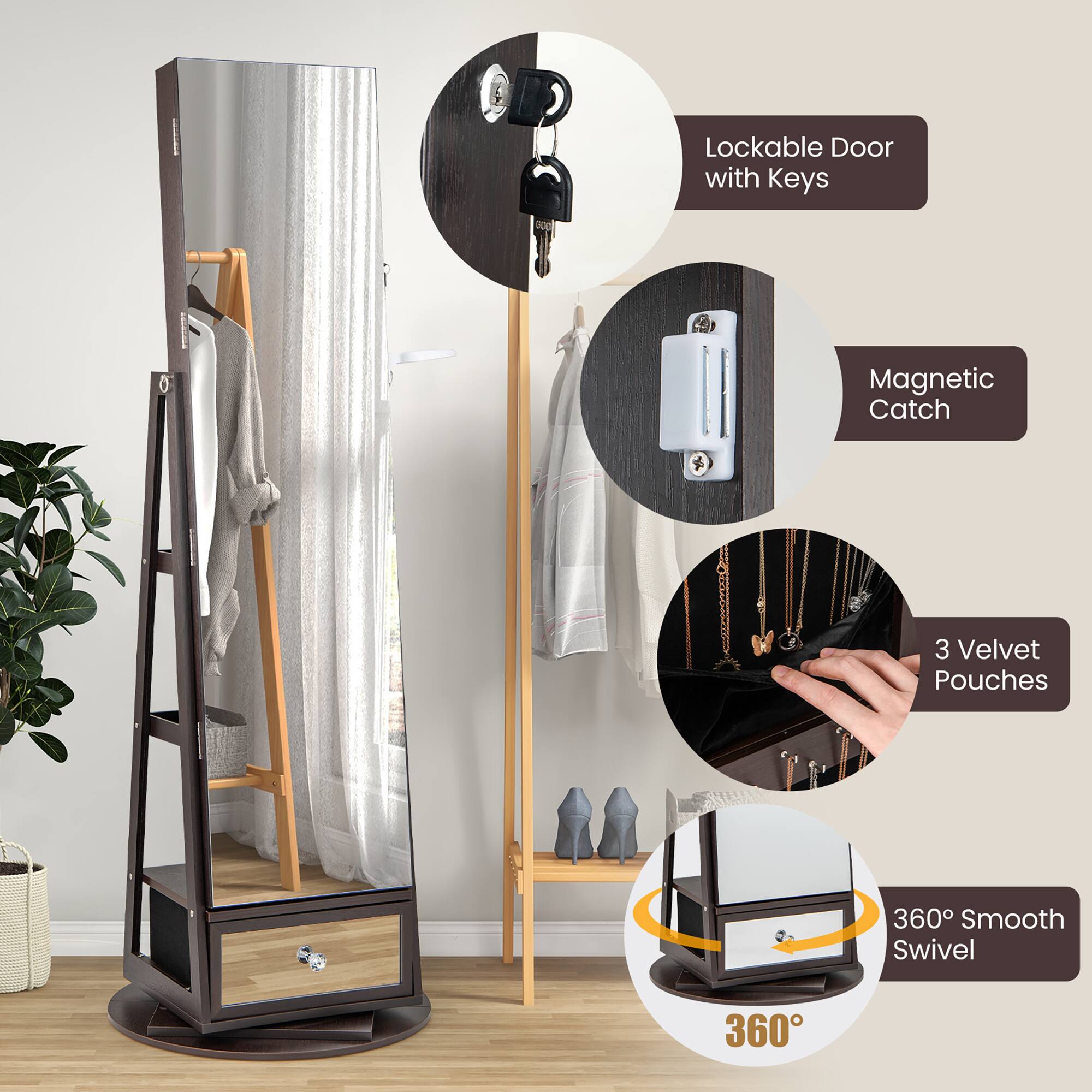 - Lockable Door with Keys
- Magnetic Catch
- 3 Velvet Pouches
- 360° Smooth Swivel