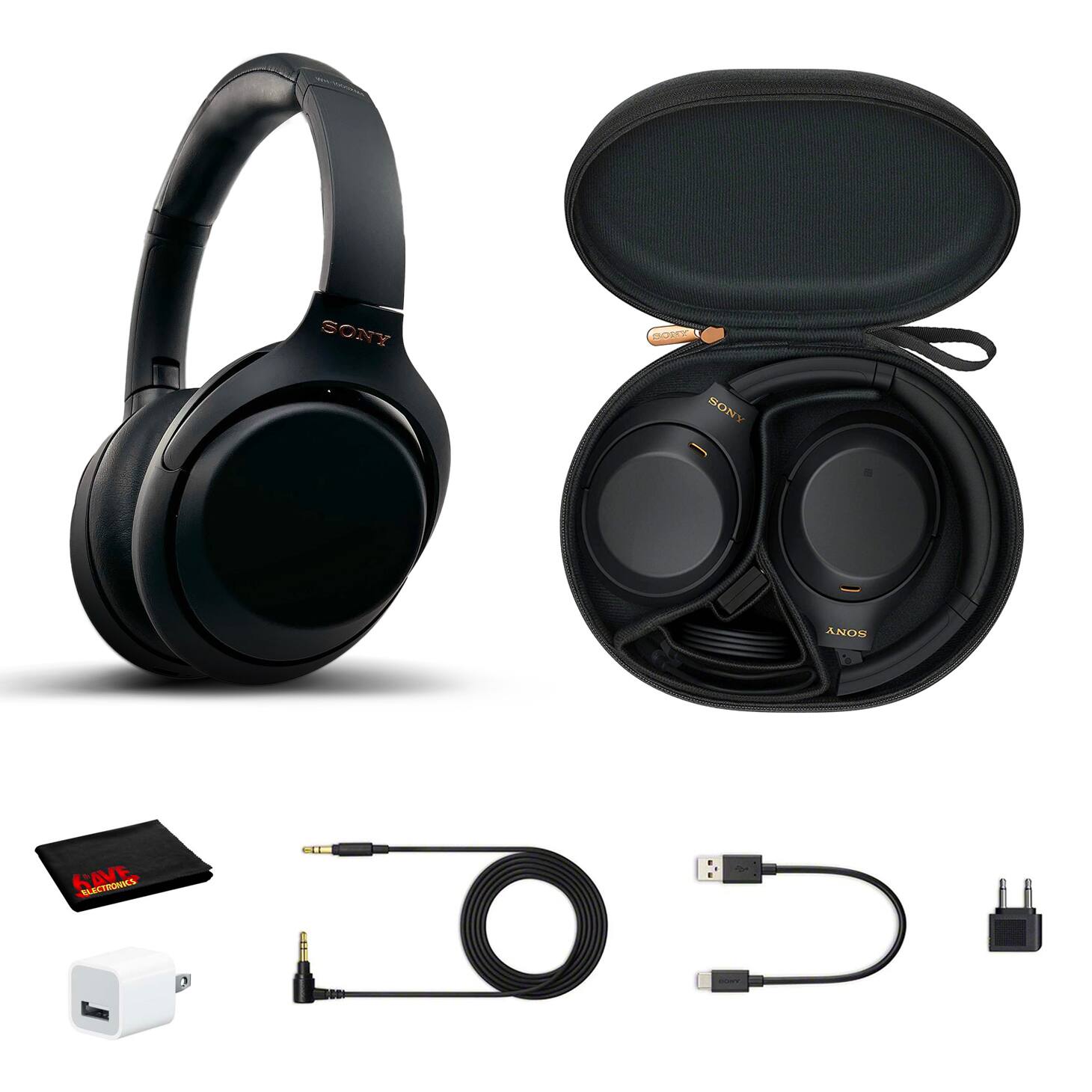 Sony - WH-1000XM4 Wireless Noise Canceling Overhead Headphones with USB Wall Adapter and MicroFiber Cleaning Cloth Bundle - Black
