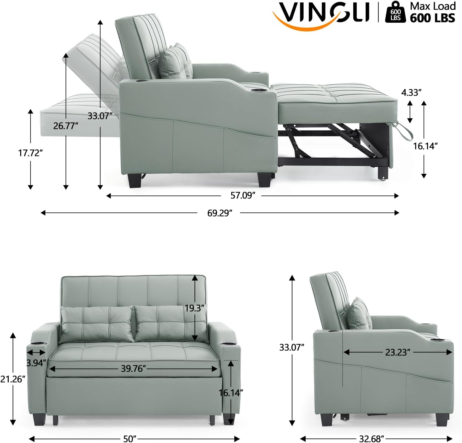 Max Load VINGLI | 600 LBS

Dimensions:
- 69.29" (length)
- 57.09" (length)
- 33.07" (height)
- 26.77" (height)
- 17.72" (depth)
- 16.14" (depth)
- 16.14" (depth)
- 19.3" (height)
- 3.94" (height)
- 21.26" (width)
- 39.76" (width)
- 33.07" (height)
- 23.23" (width)
- 50" (length)
- 32.68" (length)