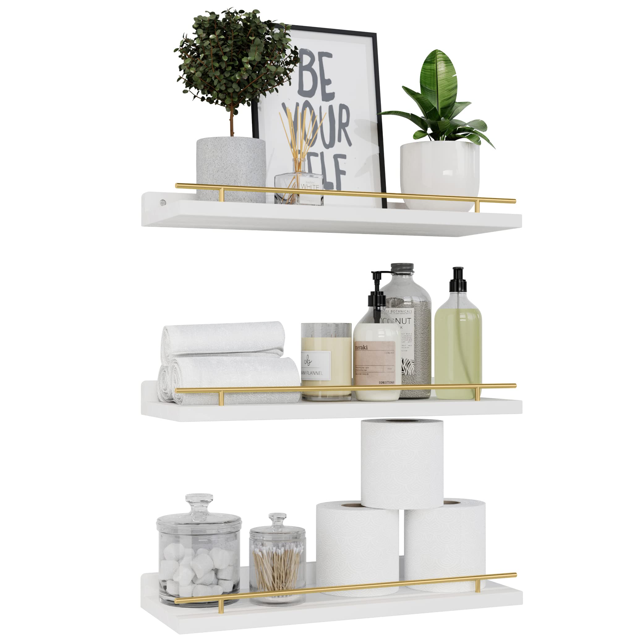 Dazzed Corner - Floating Shelves with Gold Metal Guardrail, , Shelves for Wall Decor Set of 3 - White Gold
