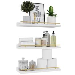 Dazzed Corner - Floating Shelves with Gold Metal Guardrail, , Shelves for Wall Decor Set of 3 - White Gold