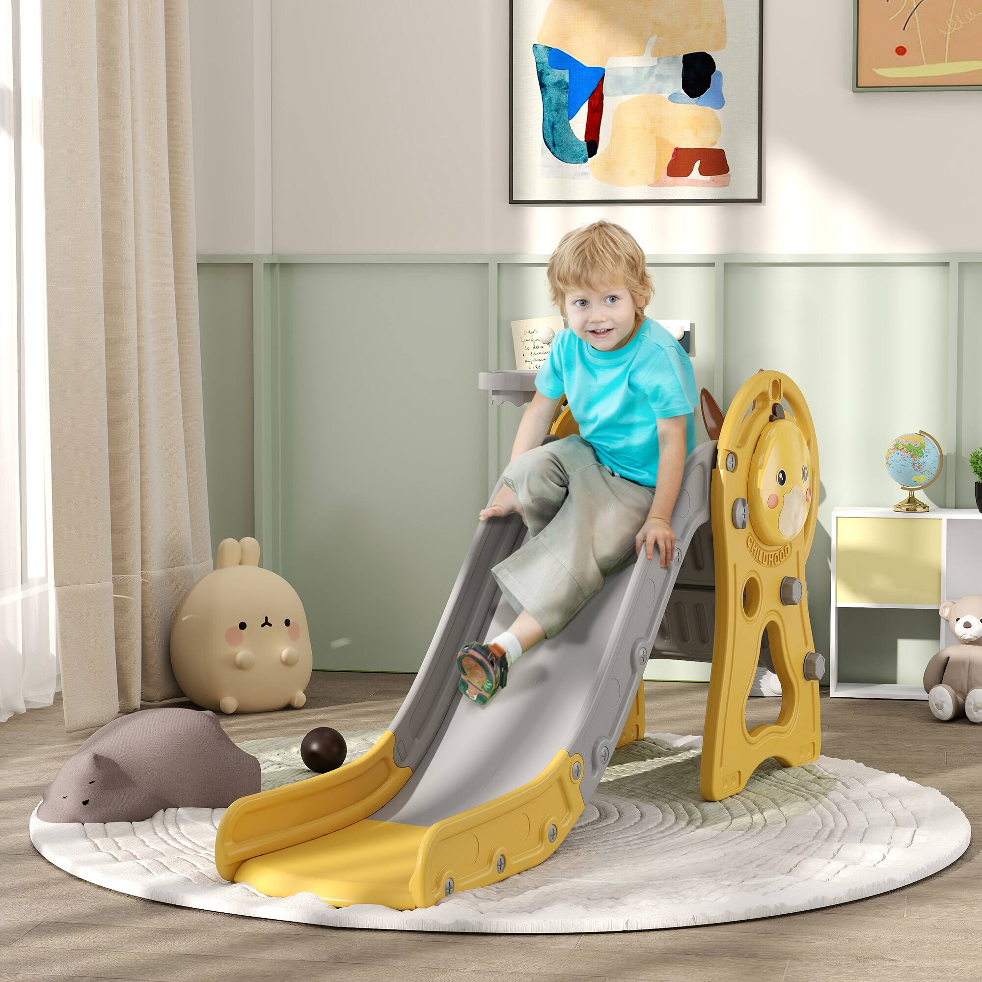 Angle. Qaba - Toddler Slide, 3 in 1 Slide for Kids Ages 1-3 Years, Indoor Slide with Basketball Hoop, Climber, Duck Pattern.