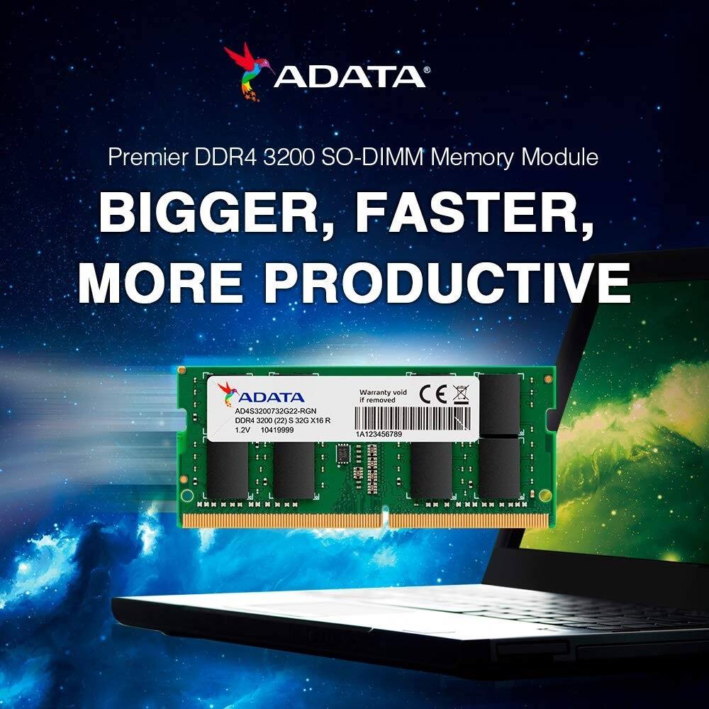 ADATA Premier DDR4 3200 SO-DIMM Memory Module  
BIGGER, FASTER, MORE PRODUCTIVE  

ADATA AD453200732G22-RGN  
3200 (22) 5 32G X16 R 1.2V 104 19999  

Warranty void if removed  
CE  

1A123456789  
N M - N