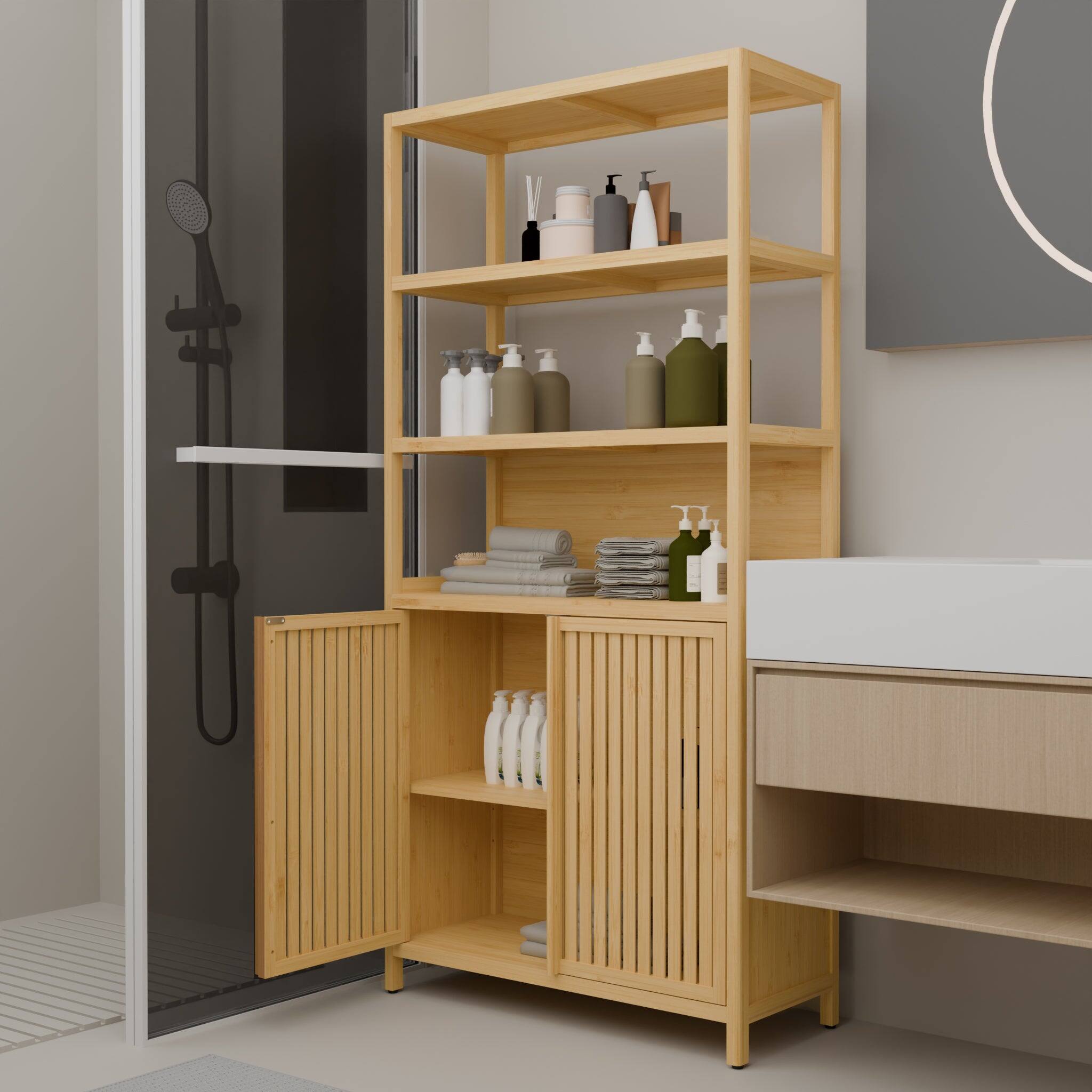 Alt View 4. Boyel Living - Sixty Four Inch Tall Bamboo Storage Cabinet with Double Doors Drawers and Adjustable Shelves - Natural.