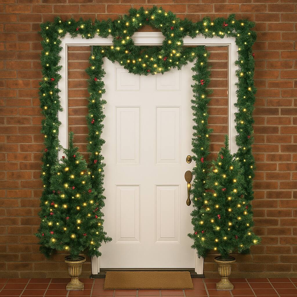 Front. BreeBe - Christmas Entry Set of 4 – Prelit Trees with Garland and Wreath - Green.