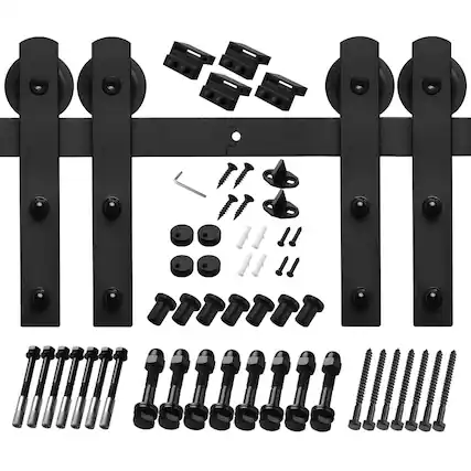 Front. Boyel Living - 12 ft./144 in. Black Steel Straight Strap Sliding Barn Door Track and Hardware Kit for Double Doors with Floor Guide - Black.