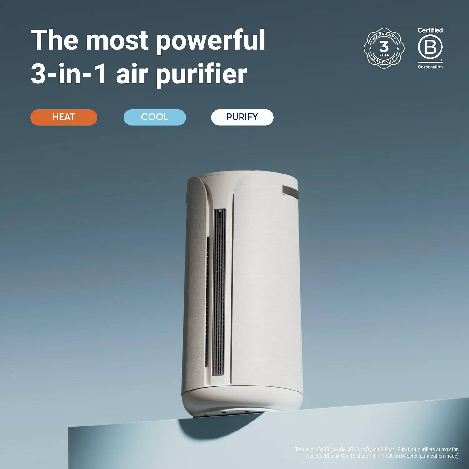 The most powerful 3-in-1 air purifier

HEAT
COOL
PURIFY

Certified Corporation

Tested or CADR (AHAM AC-1) vs Dyson & Shark 3-in-1 air purifiers at max fan speeds (Blueair ComfortPure 3-in-1 T20i in Boosted purification mode)