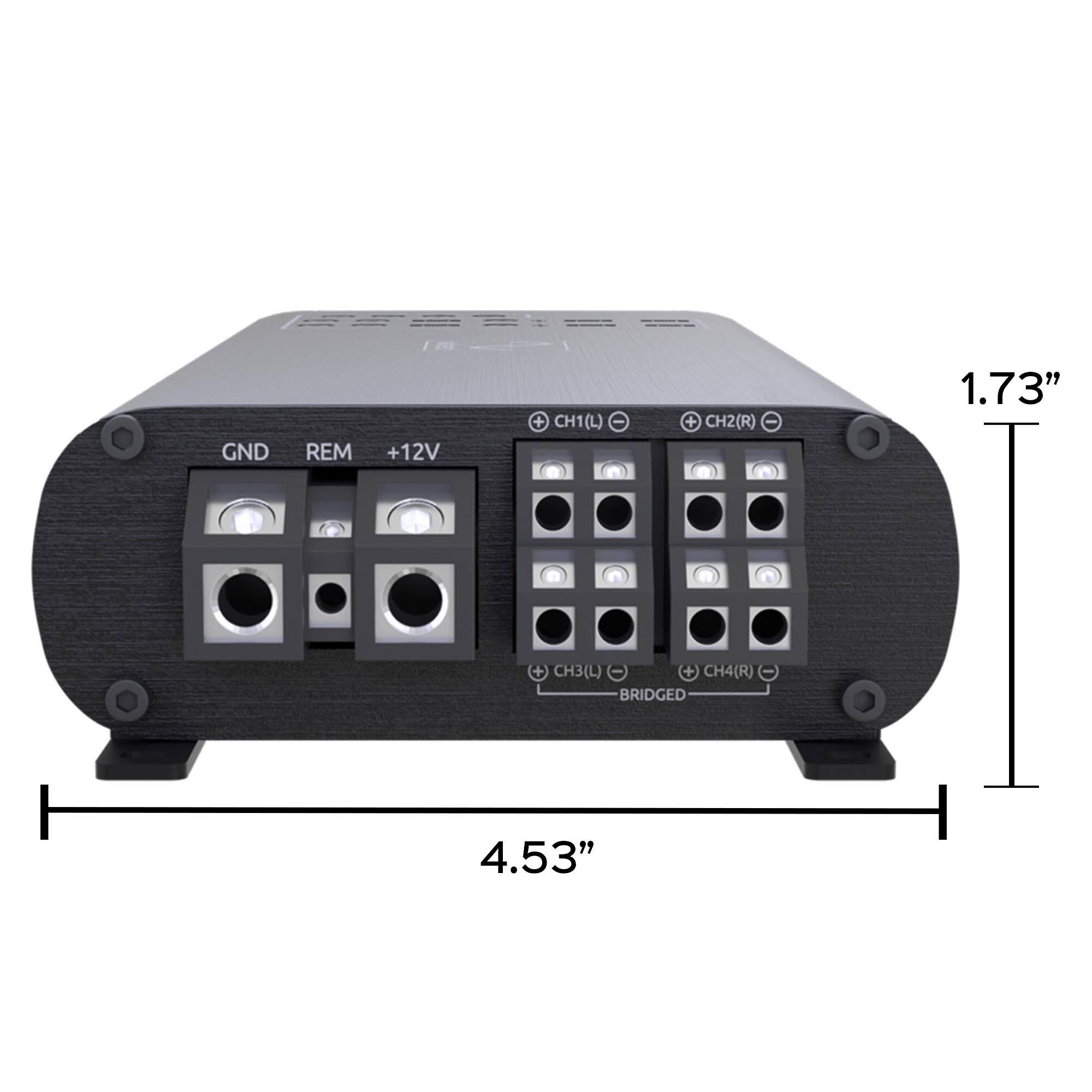 HSSEE GND REM +12V + CH1(L) CH2(R) CH3(L) CH4(R) BRIDGED 1.73" 4.53"