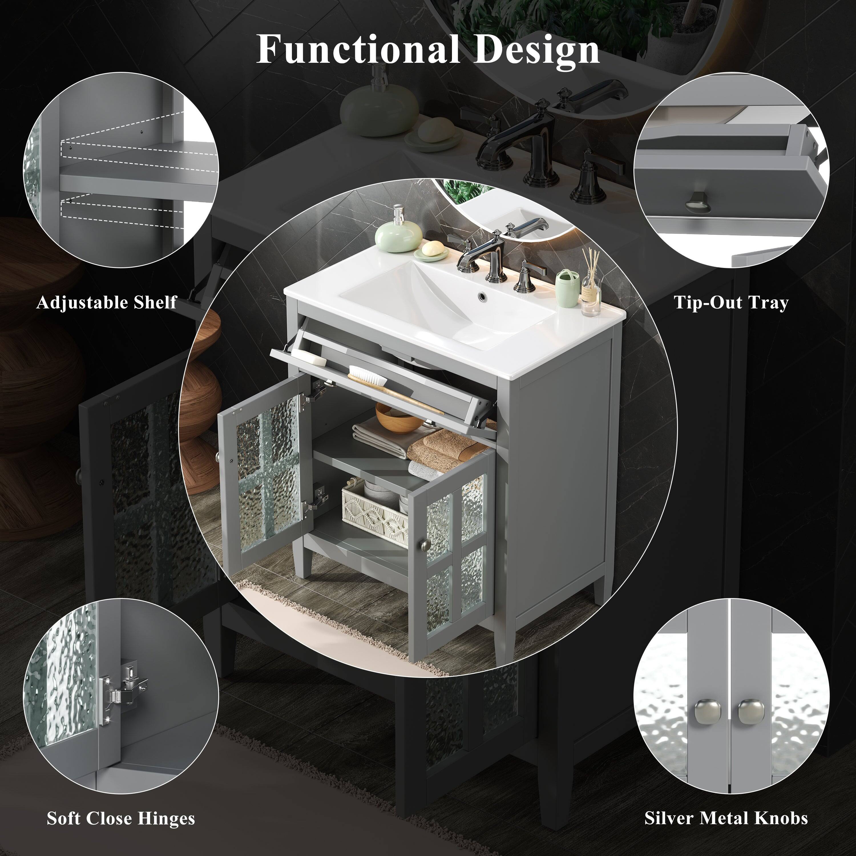Functional Design

- Adjustable Shelf
- Tip-Out Tray
- Soft Close Hinges
- Silver Metal Knobs
