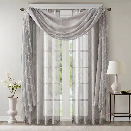 Front. BreeBe - Diamond Sheer Embroidered Window Scarf - Grey.