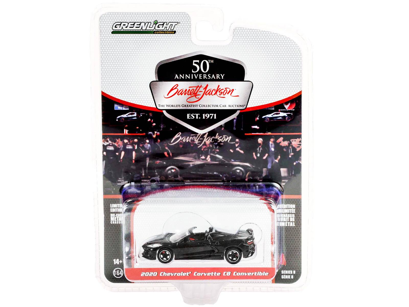 GREENLIGHT collectibles  
50th ANNIVERSARY  
Barrett-Jackson  
THE WORLD'S GREATEST COLLECTOR CAR AUCTIONS  
EST. 1971  

LIMITED EDITION  
DIE-CAST METAL CHASSIS  

14+  
1:64  

2020 Chevrolet Corvette C8 Convertible  
SERIES 8
