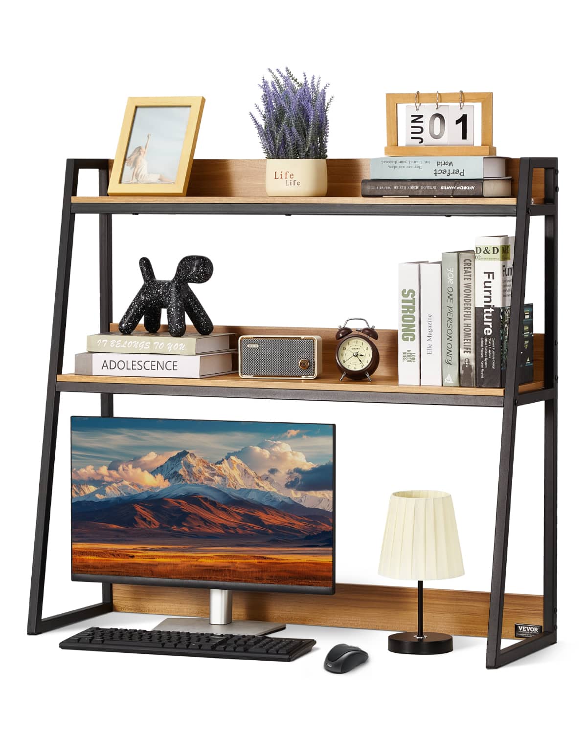 VEVOR - Desktop Bookshelf, 2-Tier Desktop Storage Organizer, 37.4" x 12.6" x 35.4" Office Storage Rack Color Display Shelf - Wood