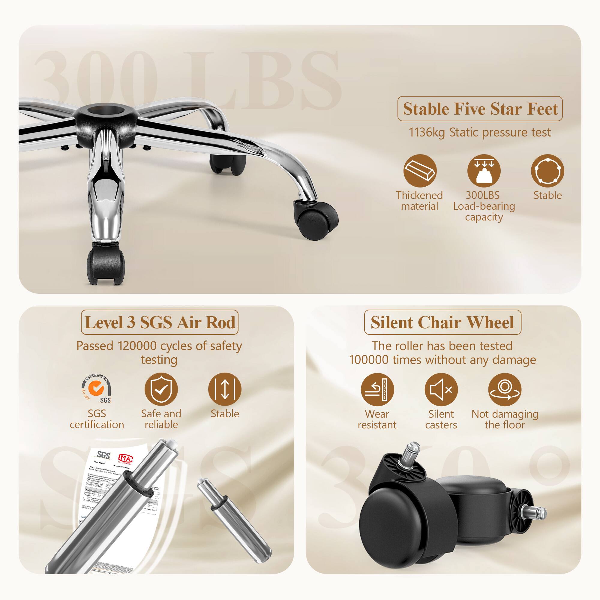 **300 LBS**

**Stable Five Star Feet**
- 1136kg Static pressure test
- Thickened material
- 300LBS Load-bearing capacity
- Stable

**Level 3 SGS Air Rod**
- Passed 120000 cycles of safety testing
- SGS certification
- Safe and reliable
- Stable

**Silent Chair Wheel**
- The roller has been tested 100000 times without any damage
- Wear resistant
- Silent casters
- Not damaging the floor