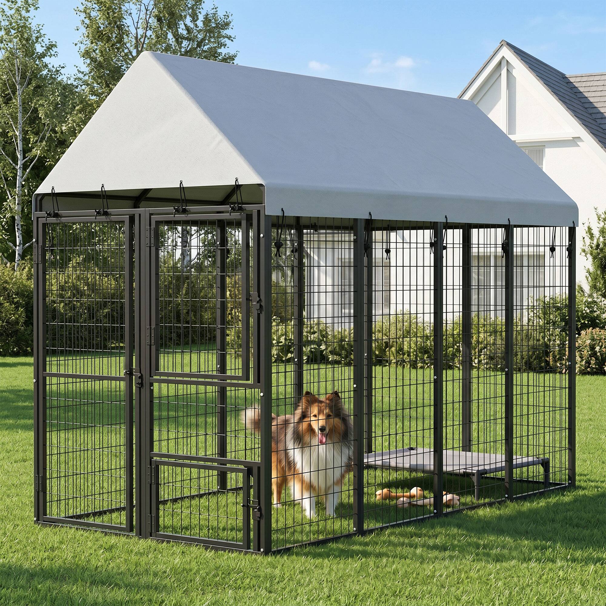 Alt View 7. Pawhut - Dog Kennel Outdoor with Roof, 3 Doors, Expandable Heavy Duty Dog Kennel Dog Run for All Breed Sizes - Black.