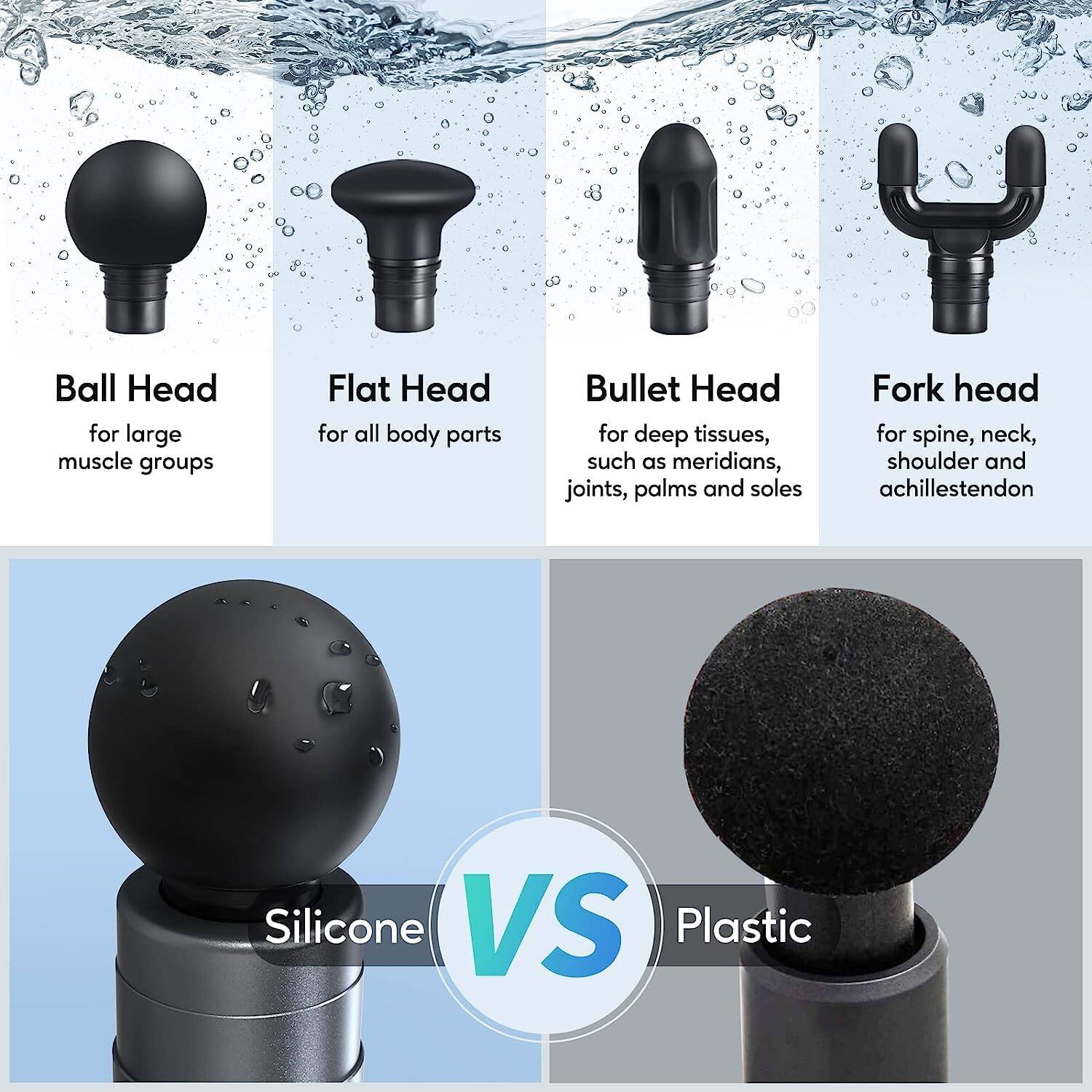 - Ball Head for large muscle groups
- Flat Head for all body parts
- Bullet Head for deep tissues, such as meridians, joints, palms and soles
- Fork head for spine, neck, shoulder and achilles tendon

Silicone VS Plastic