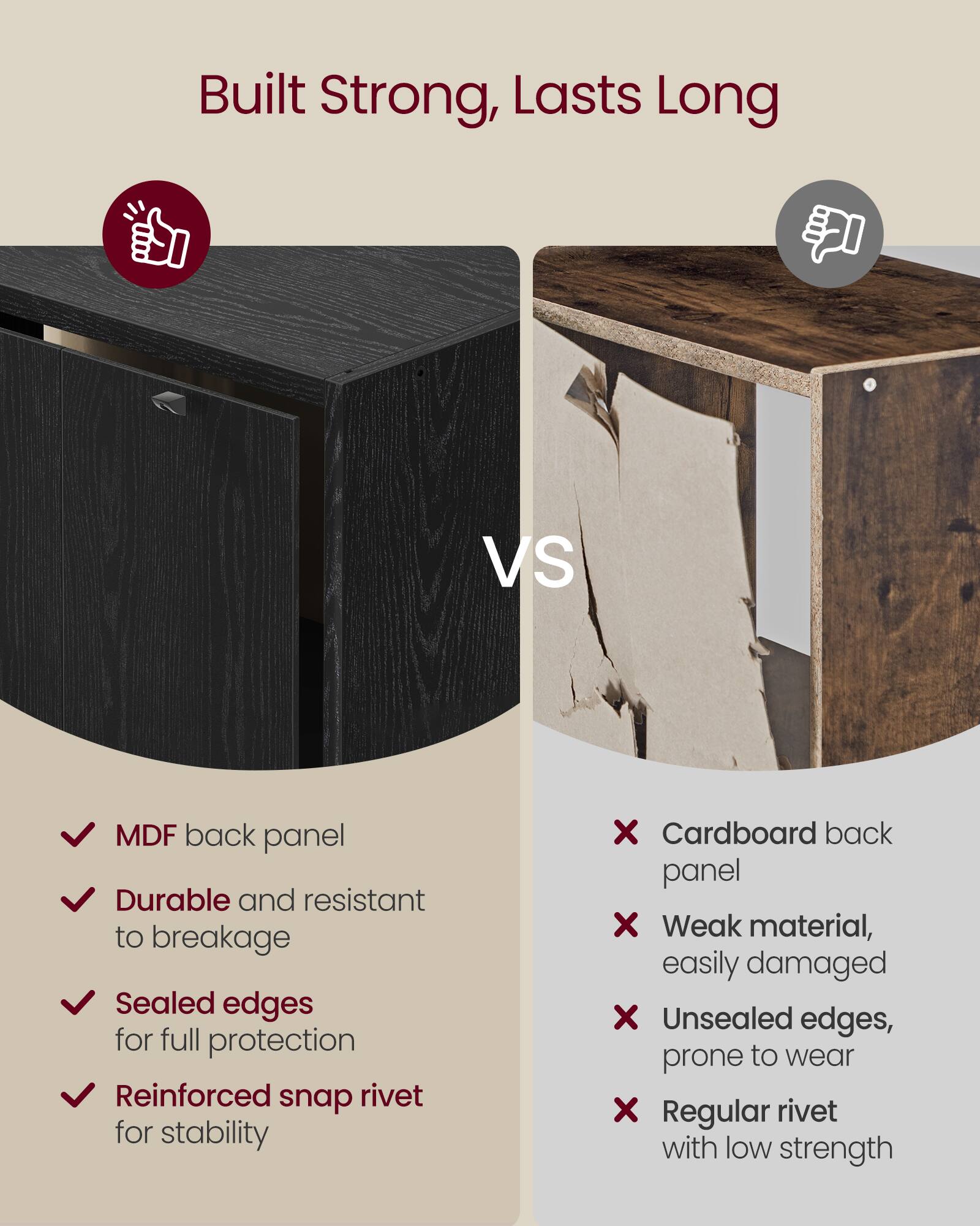Built Strong, Lasts Long

VS

- MDF back panel
  - Durable and resistant to breakage
  - Sealed edges for full protection
  - Reinforced snap rivet for stability

- Cardboard back panel
  - Weak material, easily damaged
  - Unsealed edges, prone to wear
  - Regular rivet with low strength