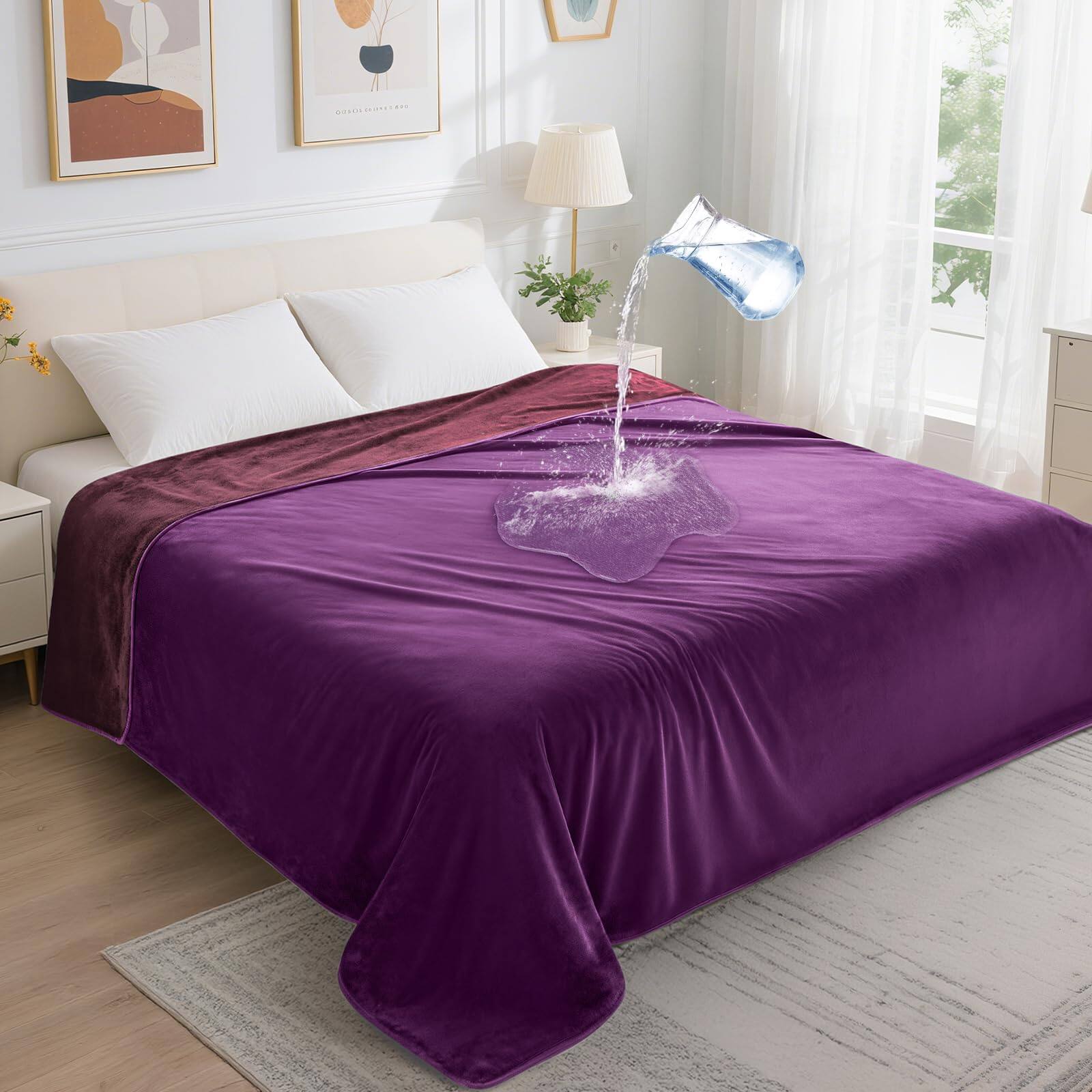 Front. Fabibe - Waterproof Blanket For Bed: Reversible Soft Flannel Bed 60" X 80" Leakproof Throw Spill-proof Dog Pet Couch Sofa - Purple-60" x 80".