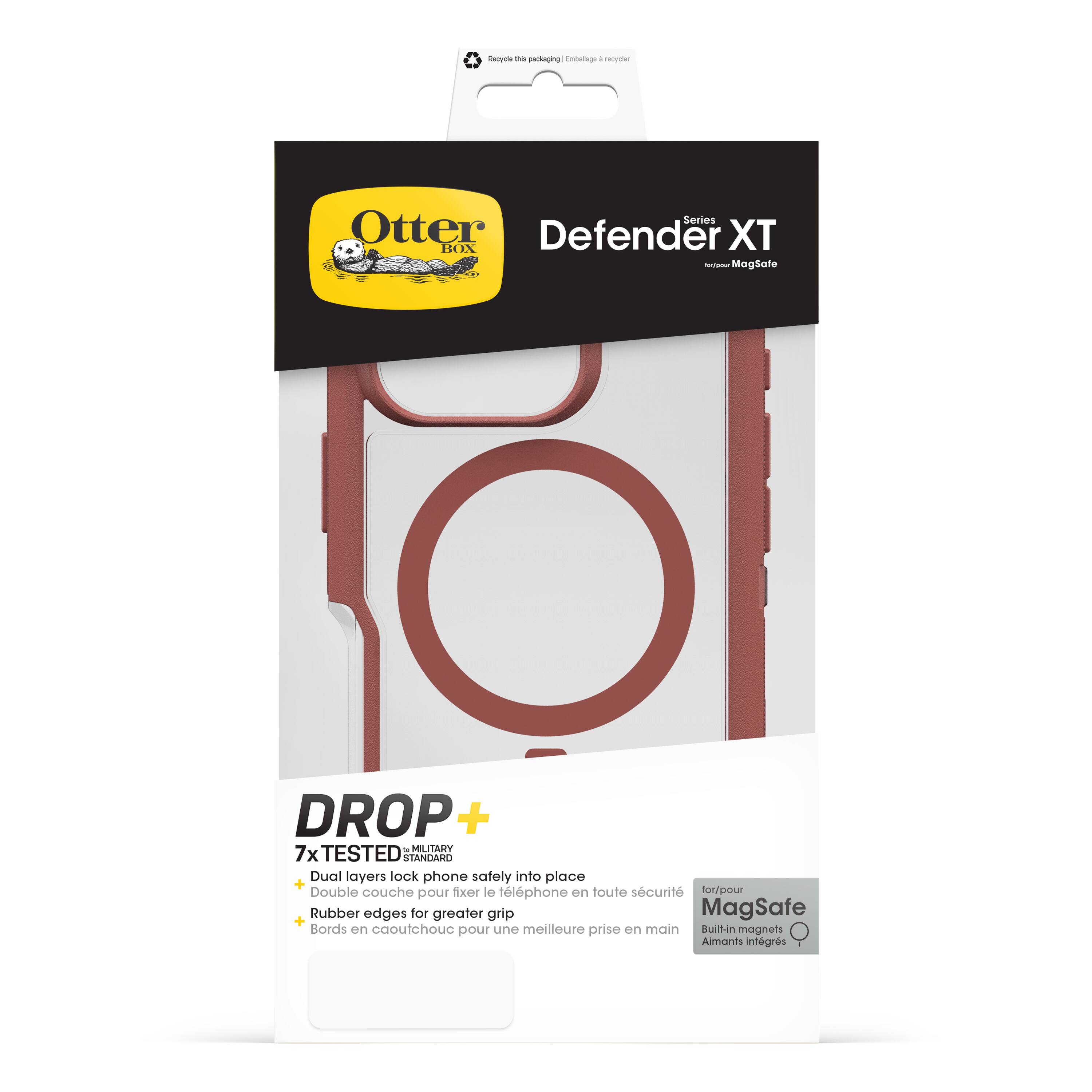 The text on the image reads:

"Otter Defender XT - Drop + Protection - Series MILITARY 7x TESTED STANDARD Dual layers lock phone safely into place - Double layers fixer le tlphone on toute scurit hor/pour pour Rubber edges for greater grip - MagSafe + Bords on caoutchouc pour une meilleure prise on main - Built-in magnets Aimants intgrs."