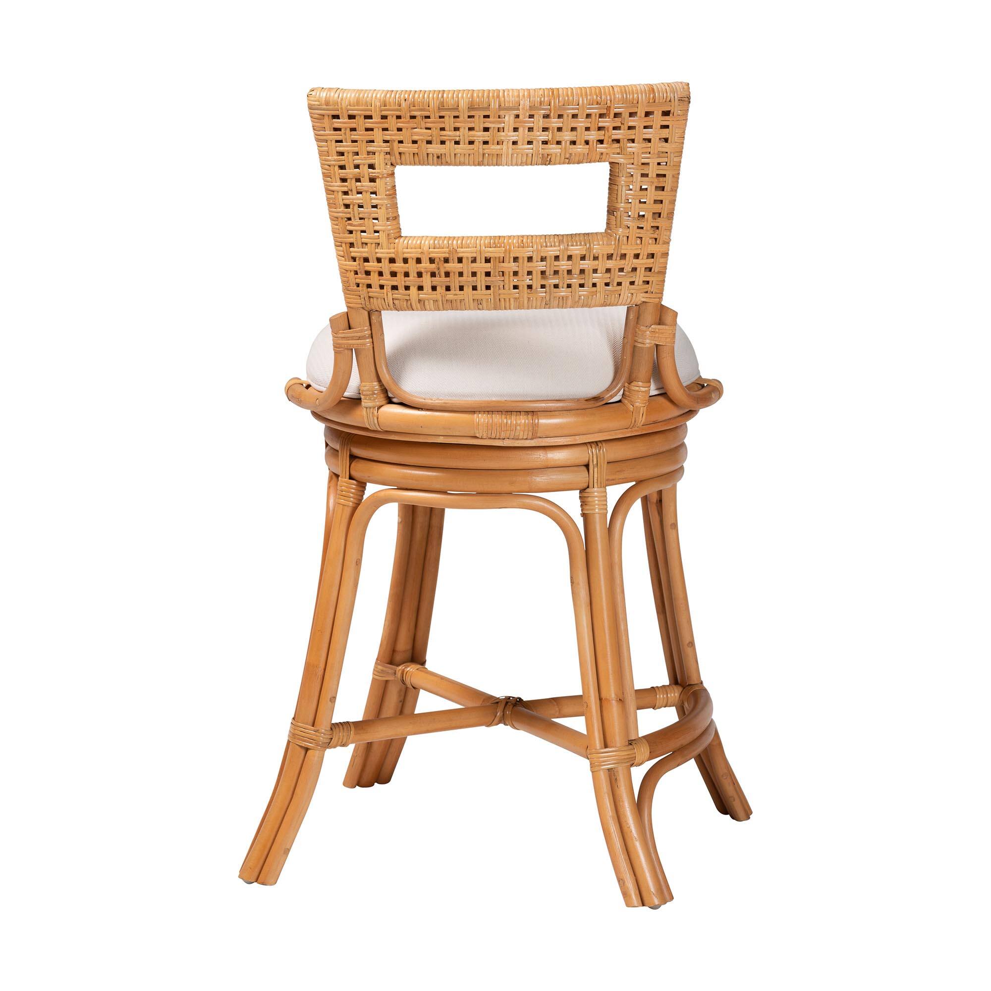 Back. bali & pari - bali & pari Amina Natural Rattan Counter Stool - Handwoven Wicker Stool with Swivel Seat and Upholstered Cushion - Light Honey.