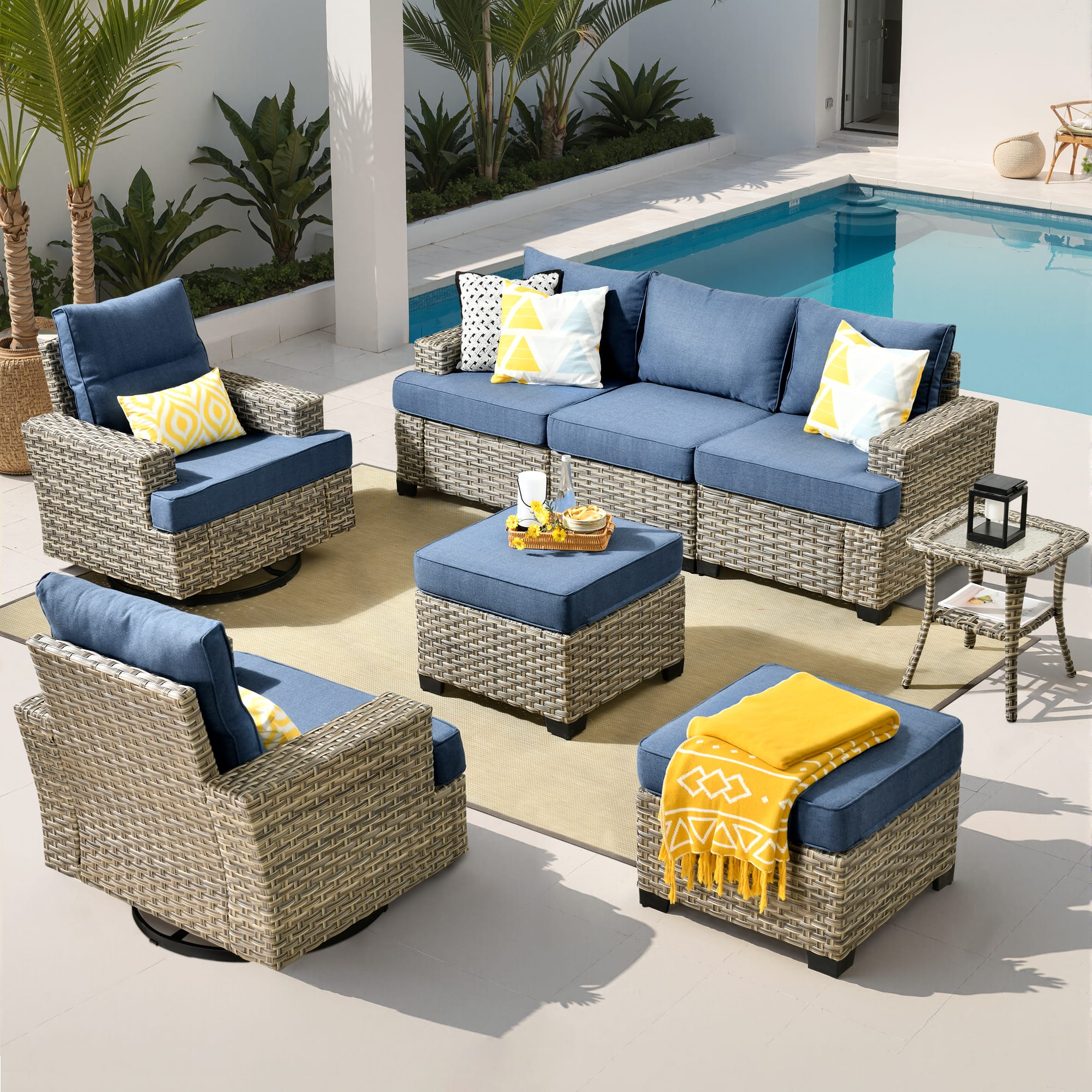 Ovios - 8 PCS Patio Furniture Set, Sectional Sofa with Swivel Chairs, Side Table & Ottoman for Porch - Denim Blue