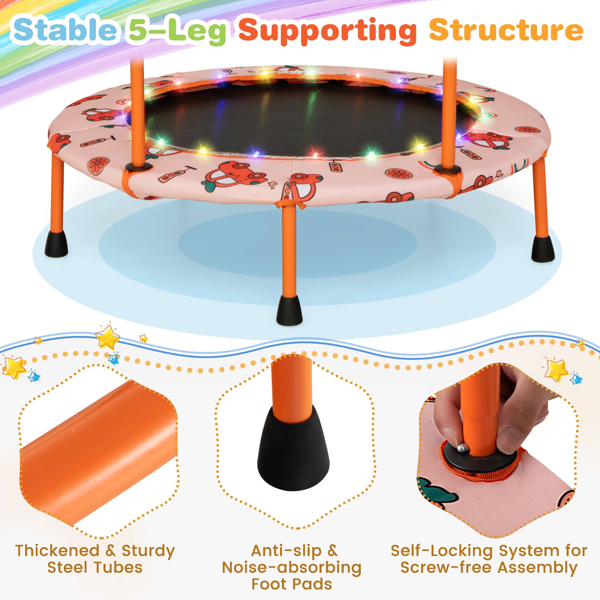 Stable 5-Leg Supporting Structure

- Thickened & Sturdy Steel Tubes
- Anti-slip & Noise-absorbing Foot Pads
- Self-Locking System for Screw-free Assembly