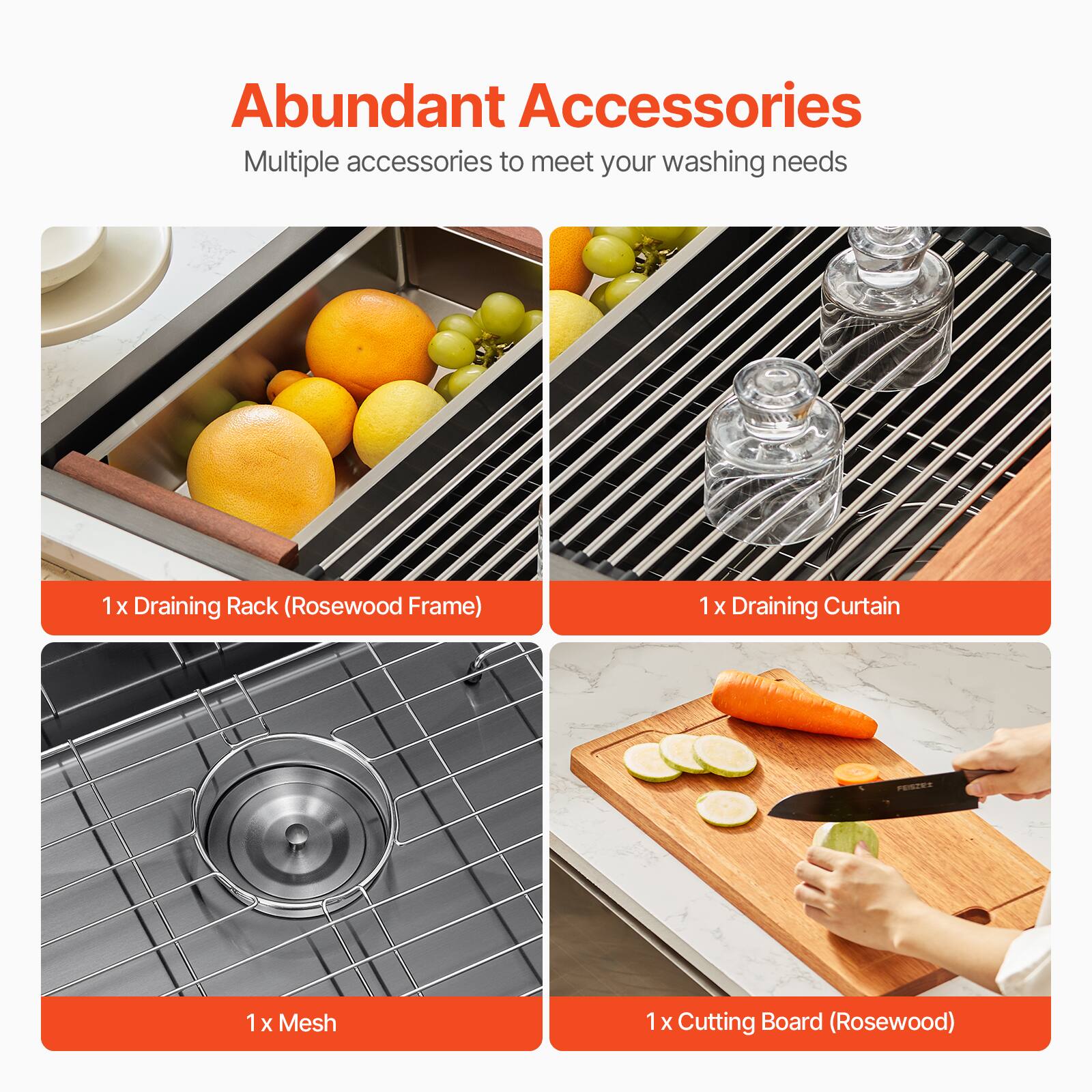 Abundant Accessories
Multiple accessories to meet your washing needs
1 x Draining Rack (Rosewood Frame)
1 x Draining Curtain
1 x Mesh
1 x Cutting Board (Rosewood)