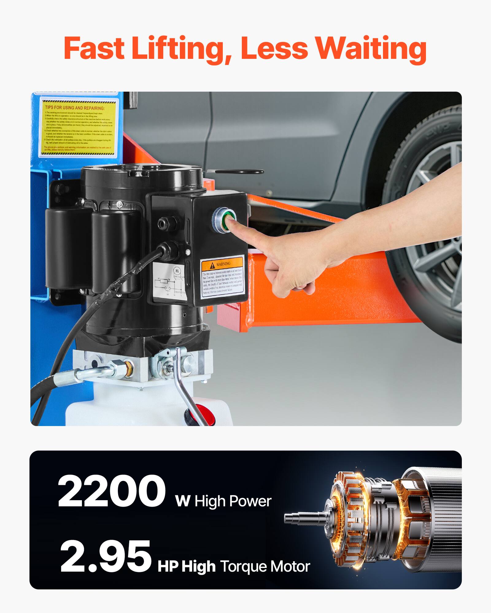 Fast Lifting, Less Waiting

TIPS FOR USING AND REPAIRING: e The - - ..
-
-
-
A
WARNING  & -  M. WITO b -  HUMM - MY and applicia servir

2200 W High Power
2.95 HP High Torque Motor