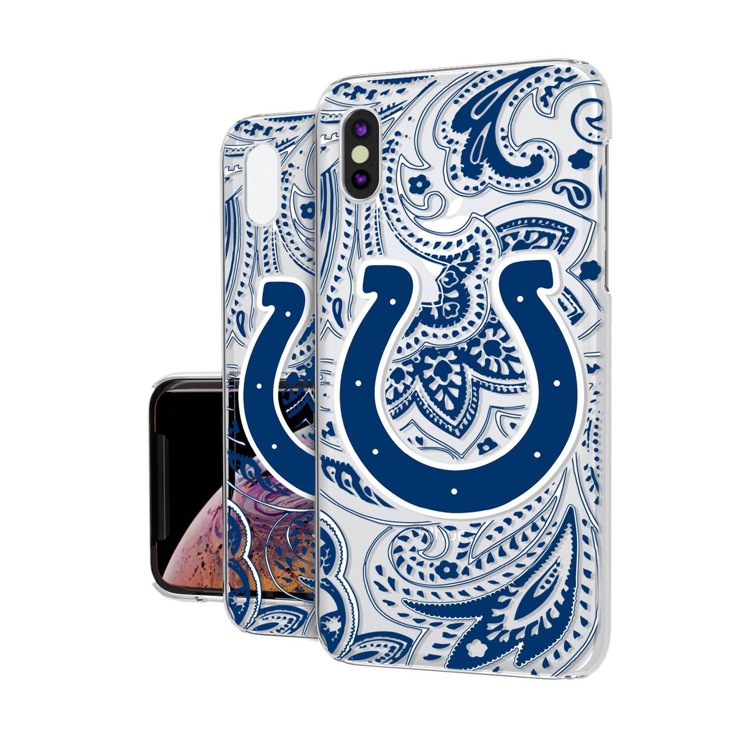 Alt View 1. Keyscaper - Indianapolis Colts iPhone Clear Paisley Design Case - 14 Pro - Multicolor.