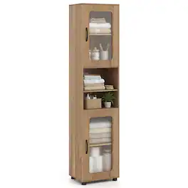 Costway - Bathroom Cabinet, Slim Floor Storage Cabinet with 2 Fluted Doors,4 Rubber Feet - Natural