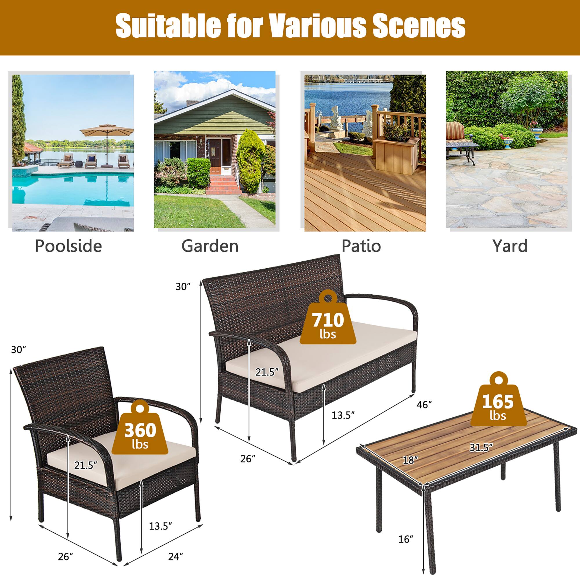 Suitable for Various Scenes

Poolside
Garden
Patio
Yard

30"
30"
710 lbs
21.5"
21.5"
360 lbs
26"
13.5"
46"
18"
165 lbs
31.5"
13.5"
16"
26"
24"