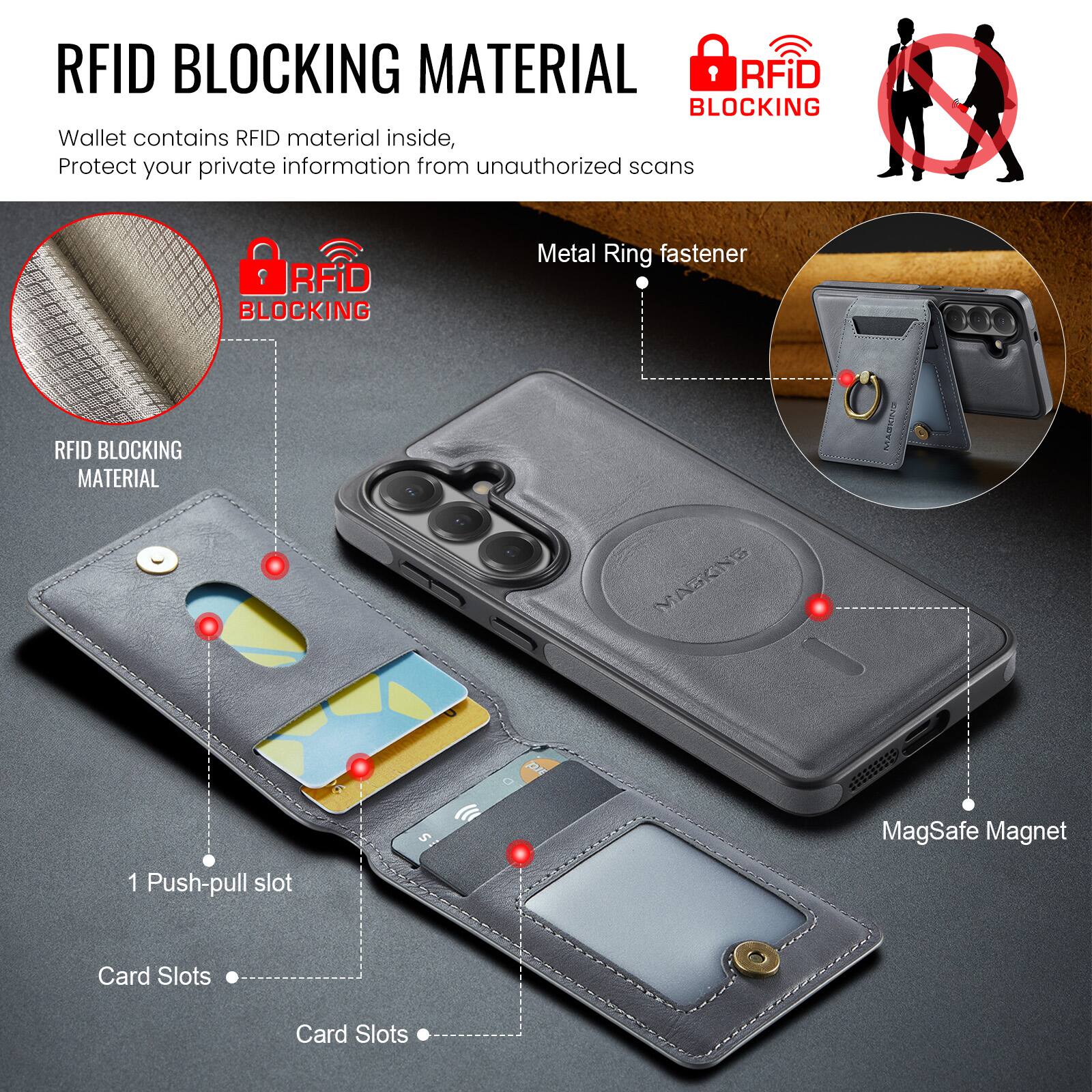 RFID BLOCKING MATERIAL

Wallet contains RFID material inside, Protect your private information from unauthorized scans

RFID BLOCKING MATERIAL

Metal Ring fastener

1 Push-pull slot

Card Slots

Card Slots

MagSafe Magnet