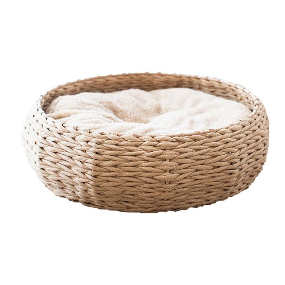 Front. PetPals - Paper Rope Wicker Design Round Cat Bed - Brown.