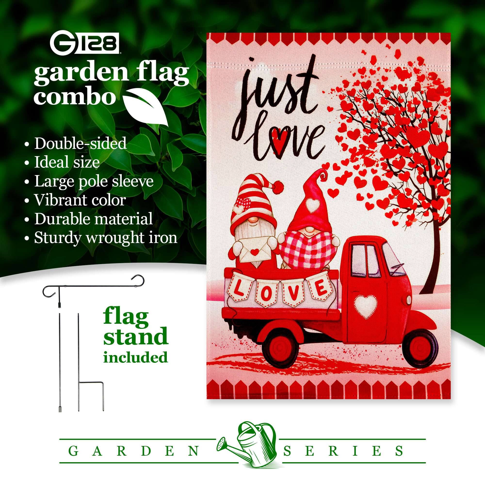 GIZs G 128 garden flag combo just Double-sided love Ideal size Large pole sleeve Vibrant color Durable material Sturdy wrought iron flag stand included L O V E GARDEN SERIES