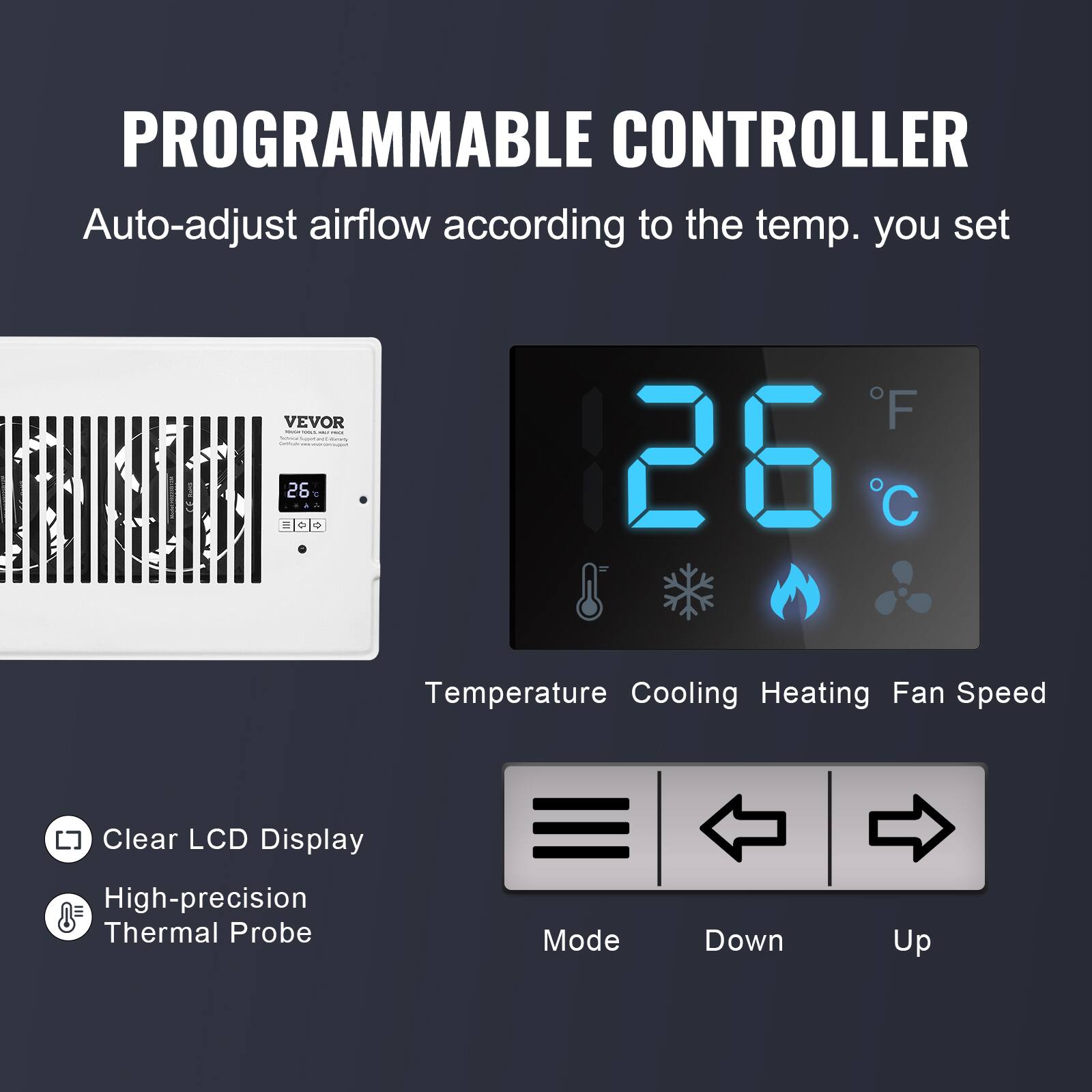 PROGRAMMABLE CONTROLLER  
Auto-adjust airflow according to the temp. you set  

VEVOR  

Temperature  
Cooling  
Heating  
Fan Speed  

Clear LCD Display  
High-precision Thermal Probe  

Mode  
Down  
Up