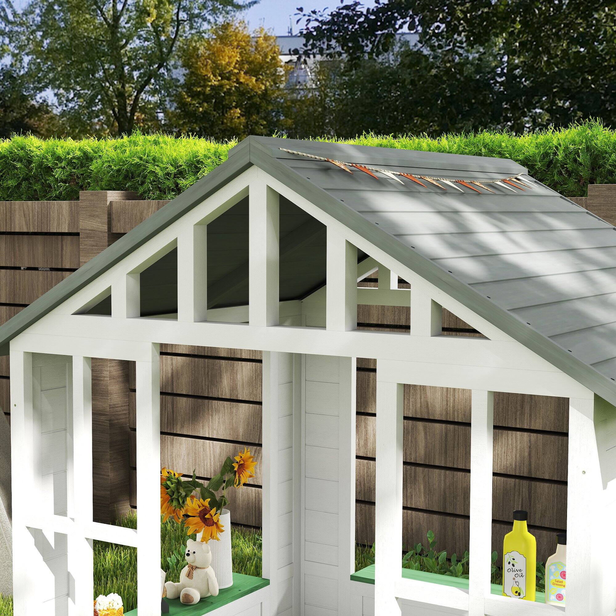 Alt View 4. Outsunny - Kids Wooden Playhouse, Outdoor Garden Games Cottage, Working Door, Windows, Flowers Pot Holder, 47" x 38" x 54".