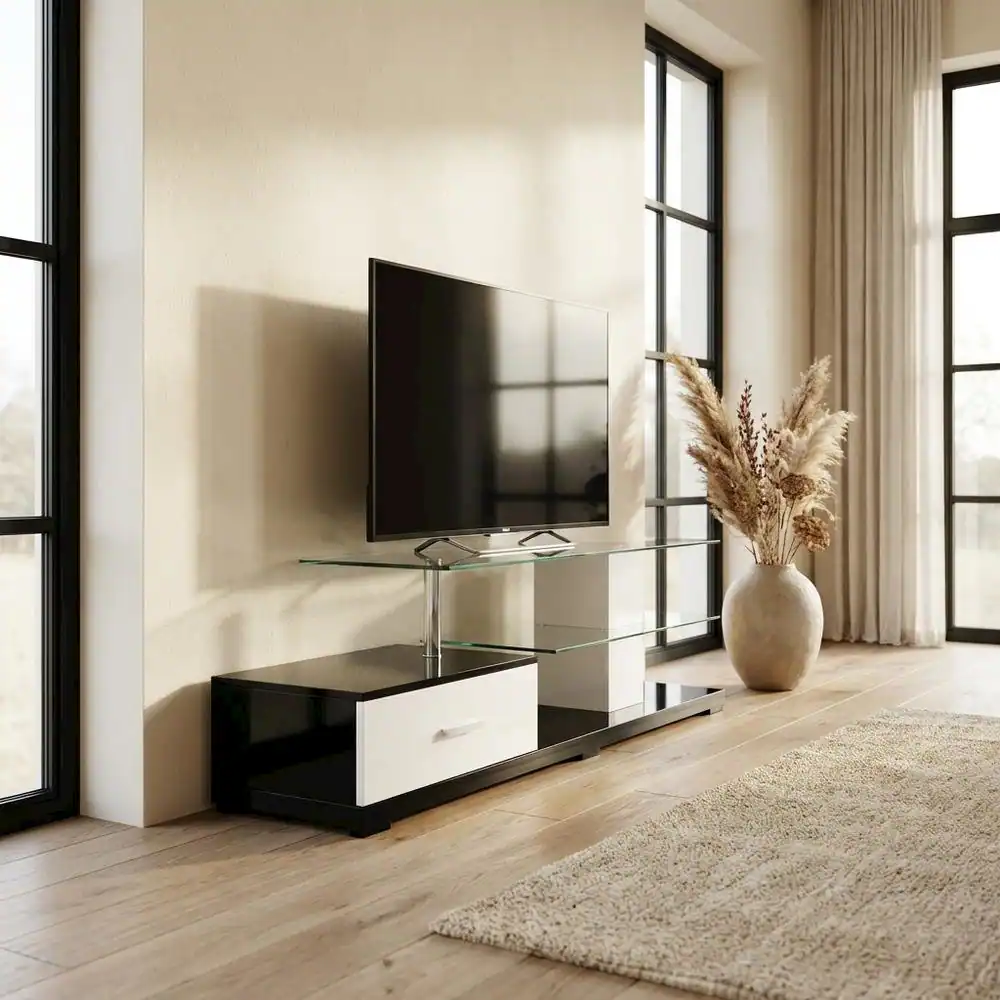 Alt View 2. FurniFact - Modern White and Black TV Stand with Glass Shelves and Chrome Frame - Brown.