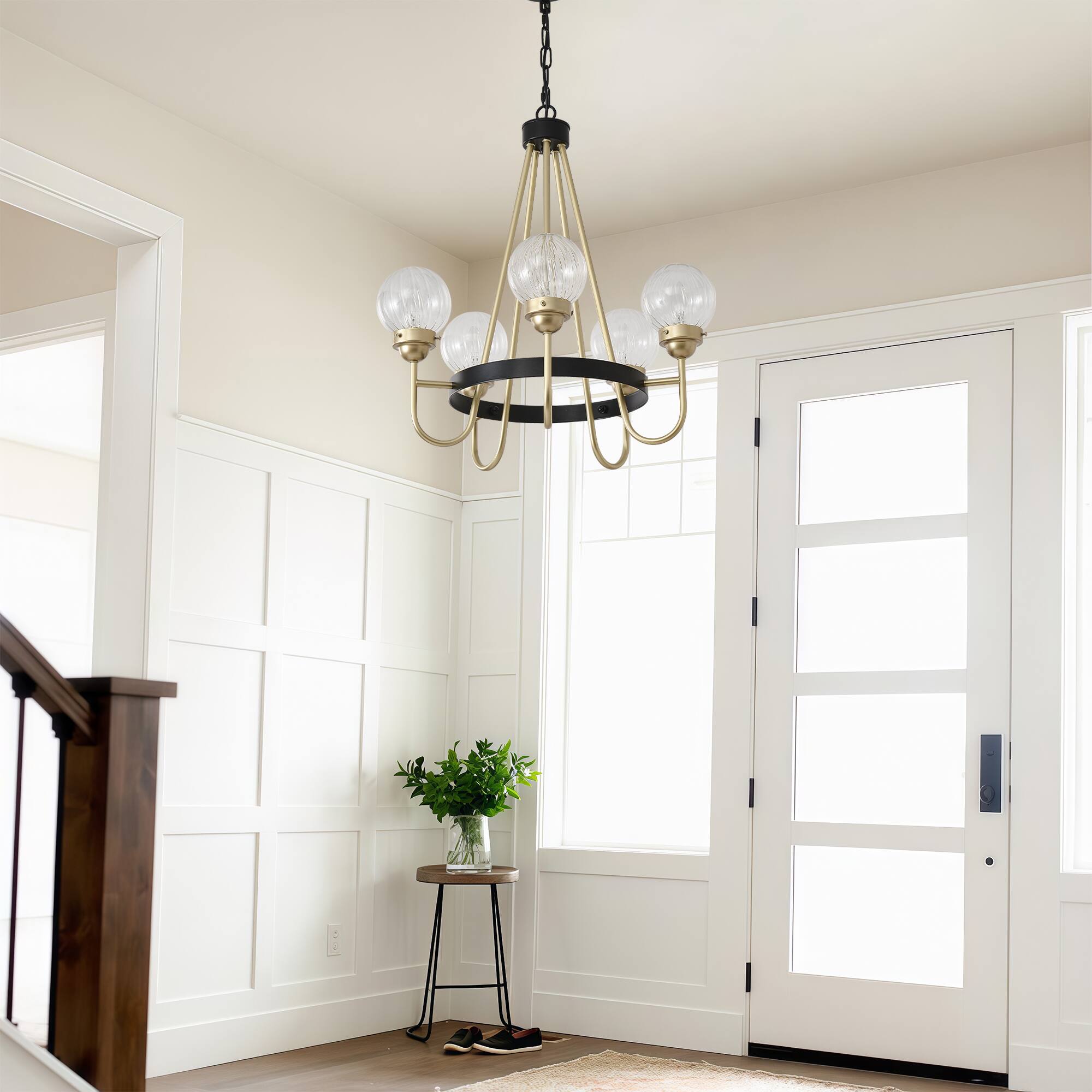 Back. RYHNUYNE - 5 Light Modern Chandelier, 23.22" Gold and Black Metal Pendant Light with Ribbed Glass Globes Adjustable Height.