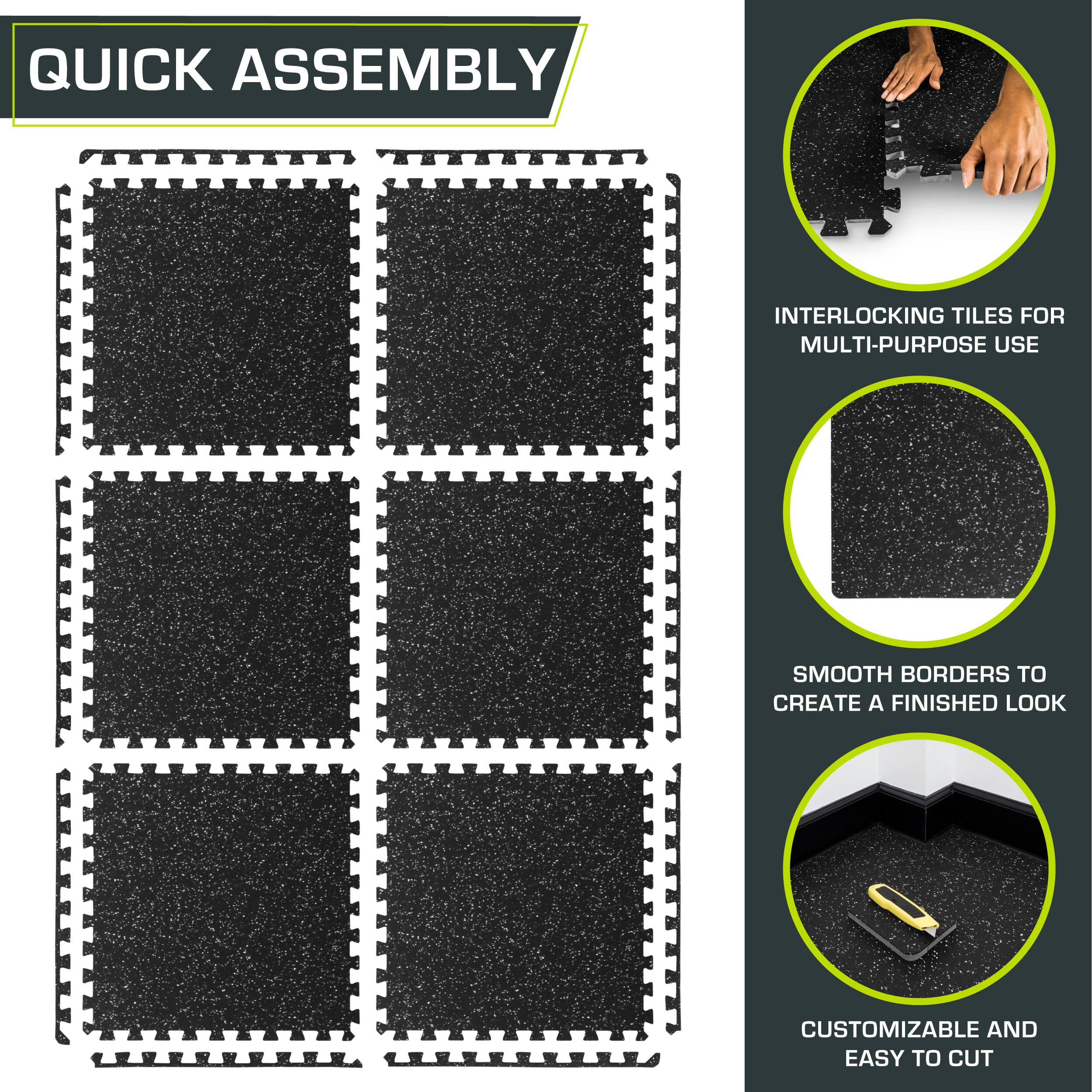 Quick Assembly Interlocking Tiles for Multi-Purpose Use. Smooth Borders to Create a Finished Look. Customizable and Easy to Cut.