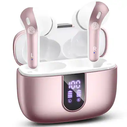 Front. VEAT00L - VEATOOL X8 Bluetooth Headphones True Wireless Earbuds 65H Playback Power Display Earphones with Wireless Charging Case - Rose gold.