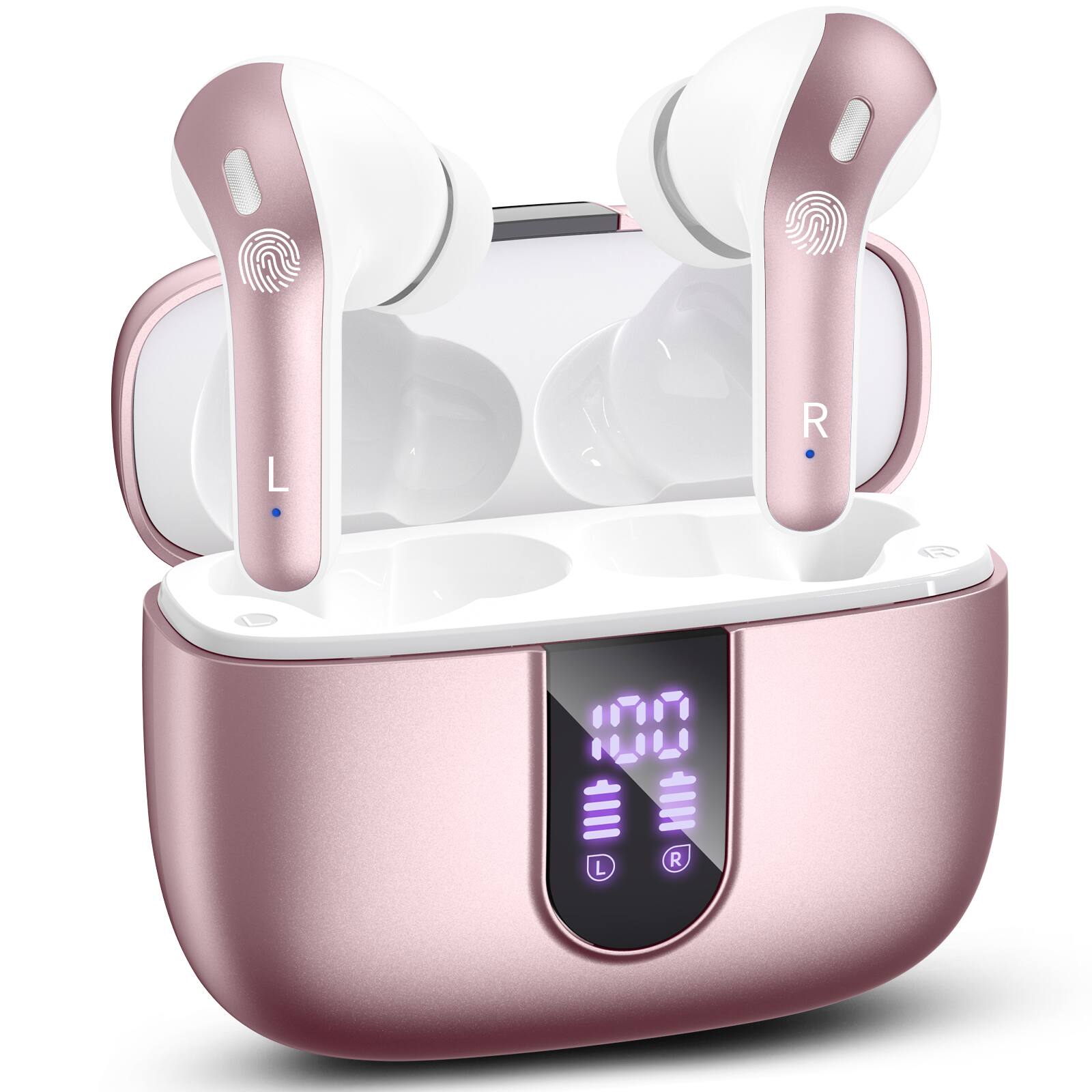Front. VEAT00L - VEATOOL X8 Bluetooth Headphones True Wireless Earbuds 65H Playback Power Display Earphones with Wireless Charging Case - Rose gold.