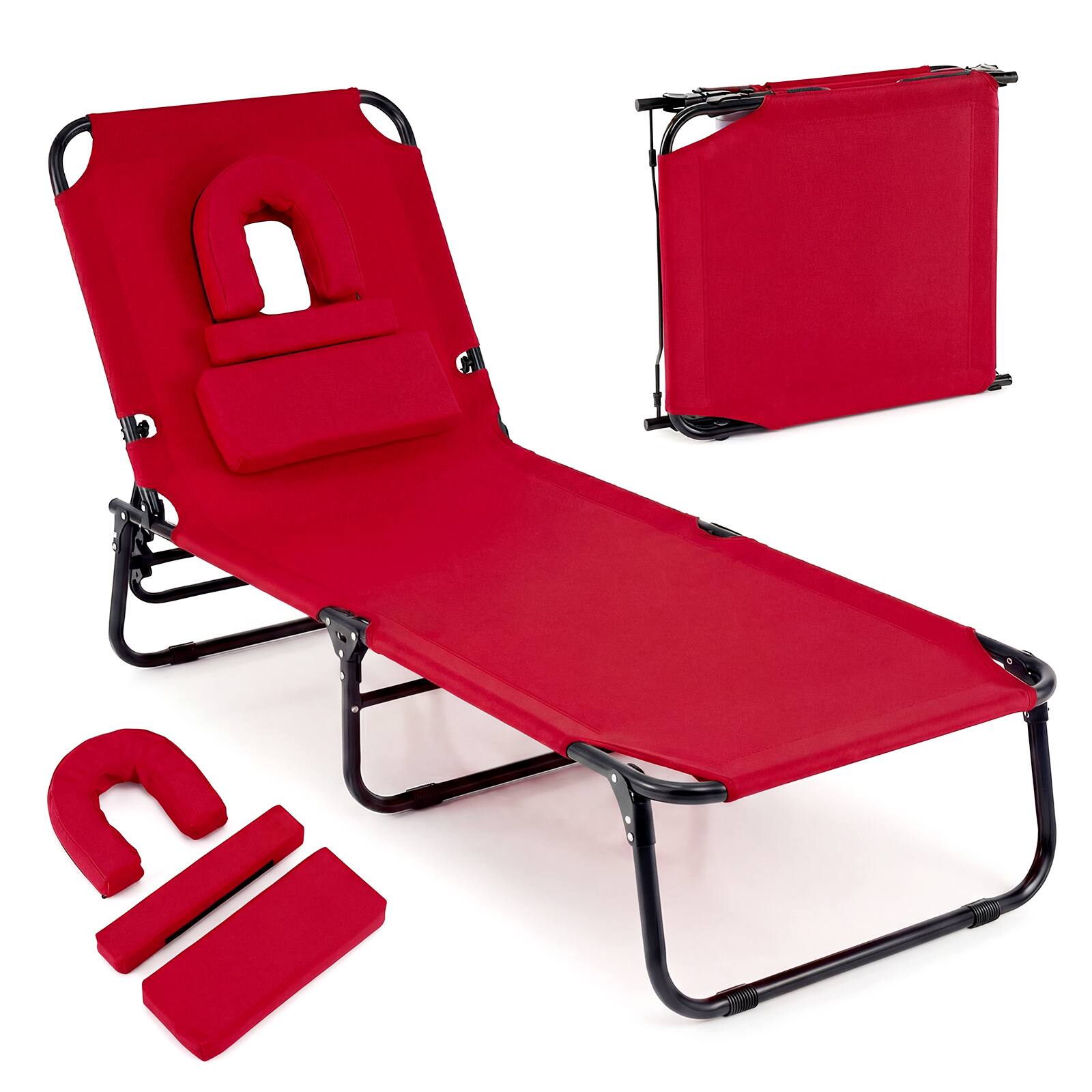 Alt View 9. Gymax - Gymax 2PCS Folding Beach Sun Lounger w/Face Hole & Removable Pillow 4Position Backrest - Red.