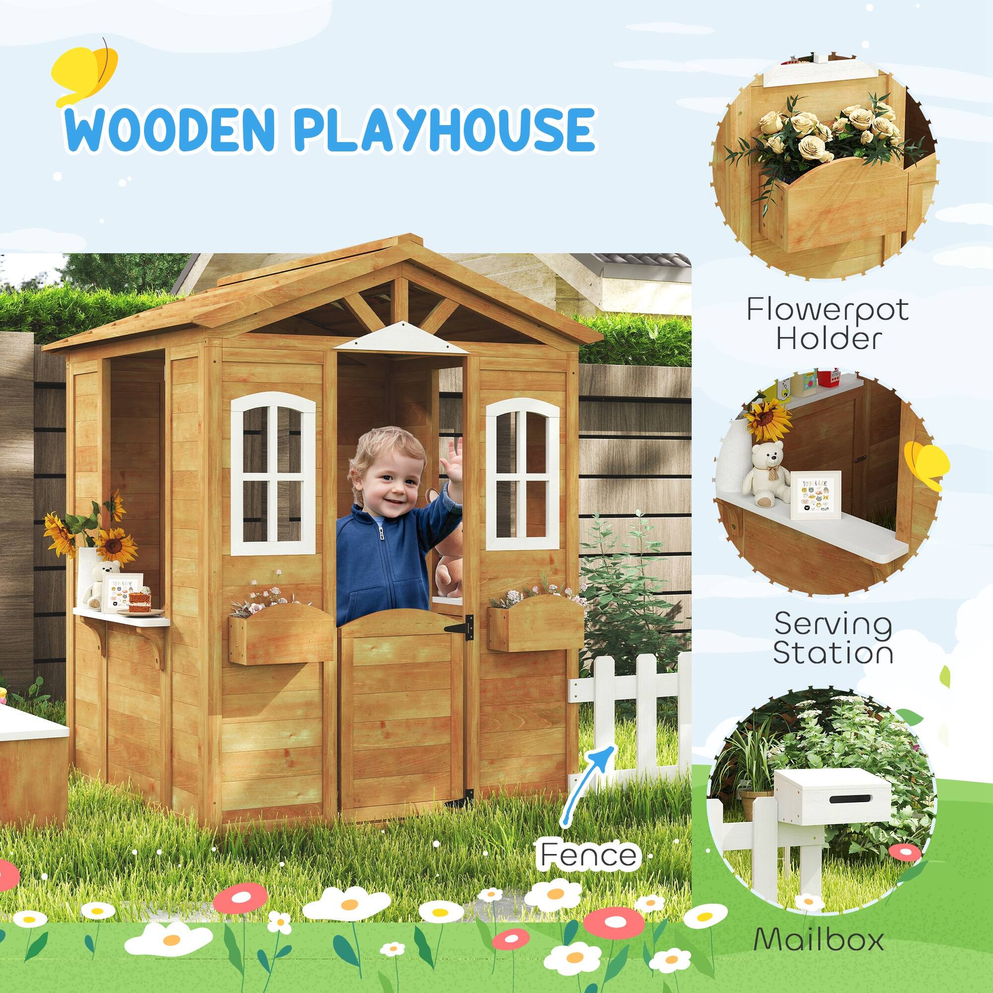 Back. Outsunny - Outdoor Playhouse for Kids Wooden Cottage with Working Doors Windows & Mailbox, Pretend Play House for Age 3-6 Years.