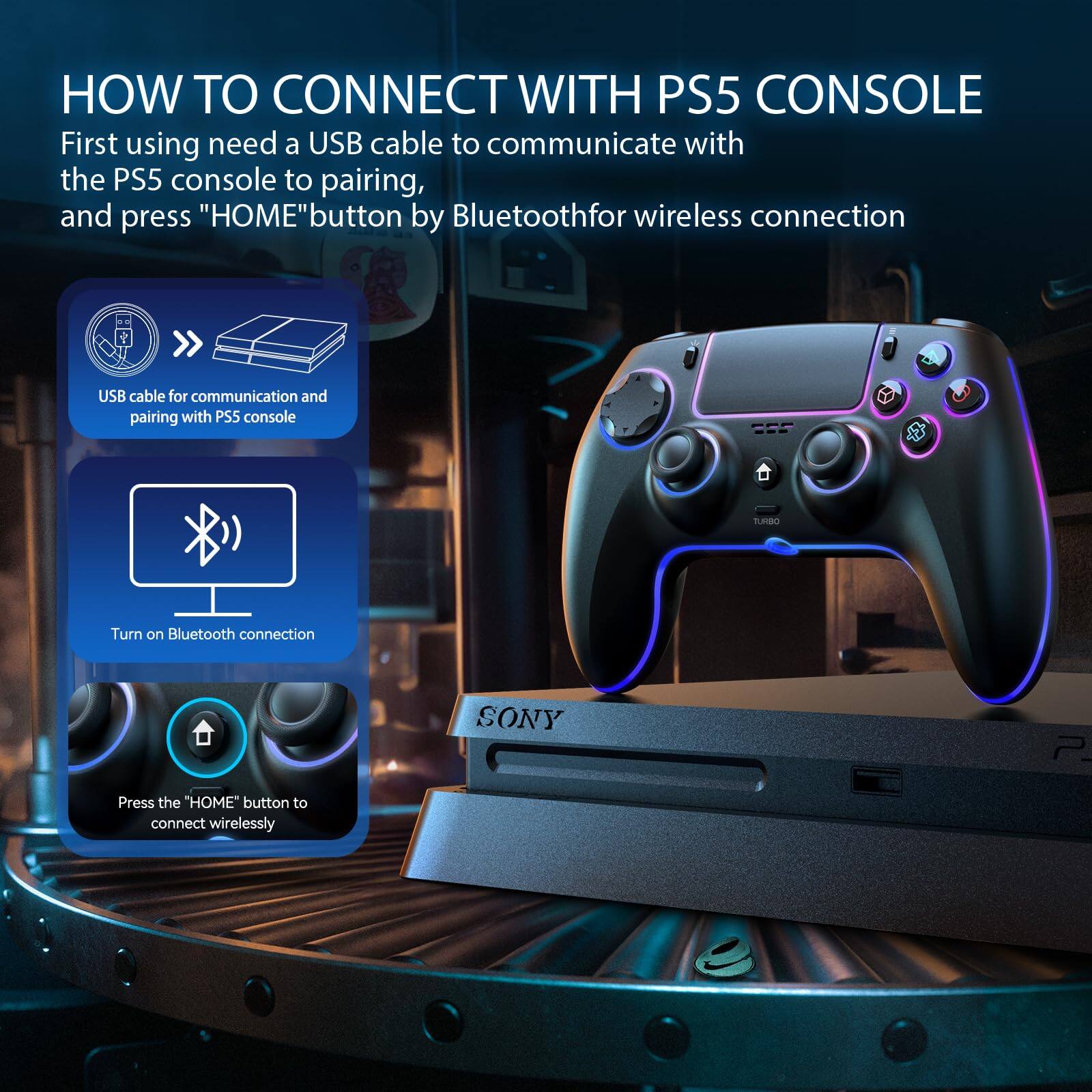 Sure, here is the corrected and grouped text:

---

**HOW TO CONNECT WITH PS5 CONSOLE**

First, you need a USB cable to communicate with the PS5 console to pairing, and press "HOME" button by Bluetooth for wireless connection.

- **USB cable for communication and pairing with PS5 console**
- **Turn on Bluetooth connection**
- **Press the "HOME" button to connect wirelessly**

---

This text is now clear and properly grouped.