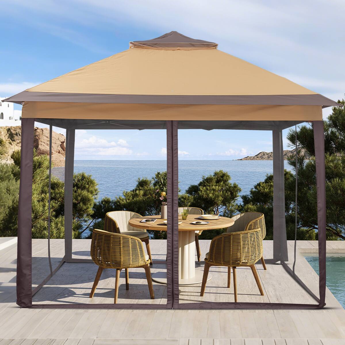 Alt View 1. Ainfox - Ainfox 11x11FT Pop Up Canopy Tent with Mesh Netting,Portable Carry Bag,Stakes & Ropes,Outdoor Gazebo - Brown.